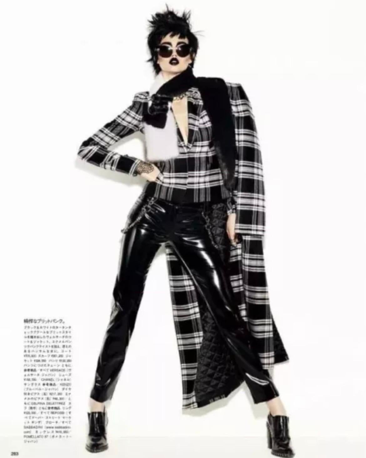 Black F/W 2013 Versace Wool Tartan Plaid Coat with Mink Fur For Sale