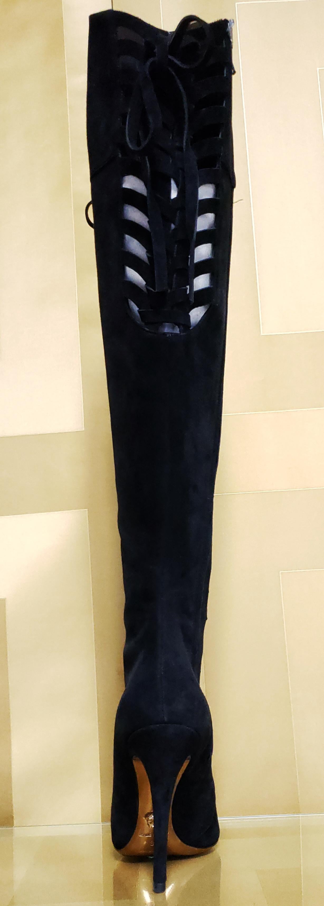 F/W 2014 Look # 27 NEW VERSACE BLACK SUEDE OVER THE KNEE BOOTS 38 - 8 For Sale 5