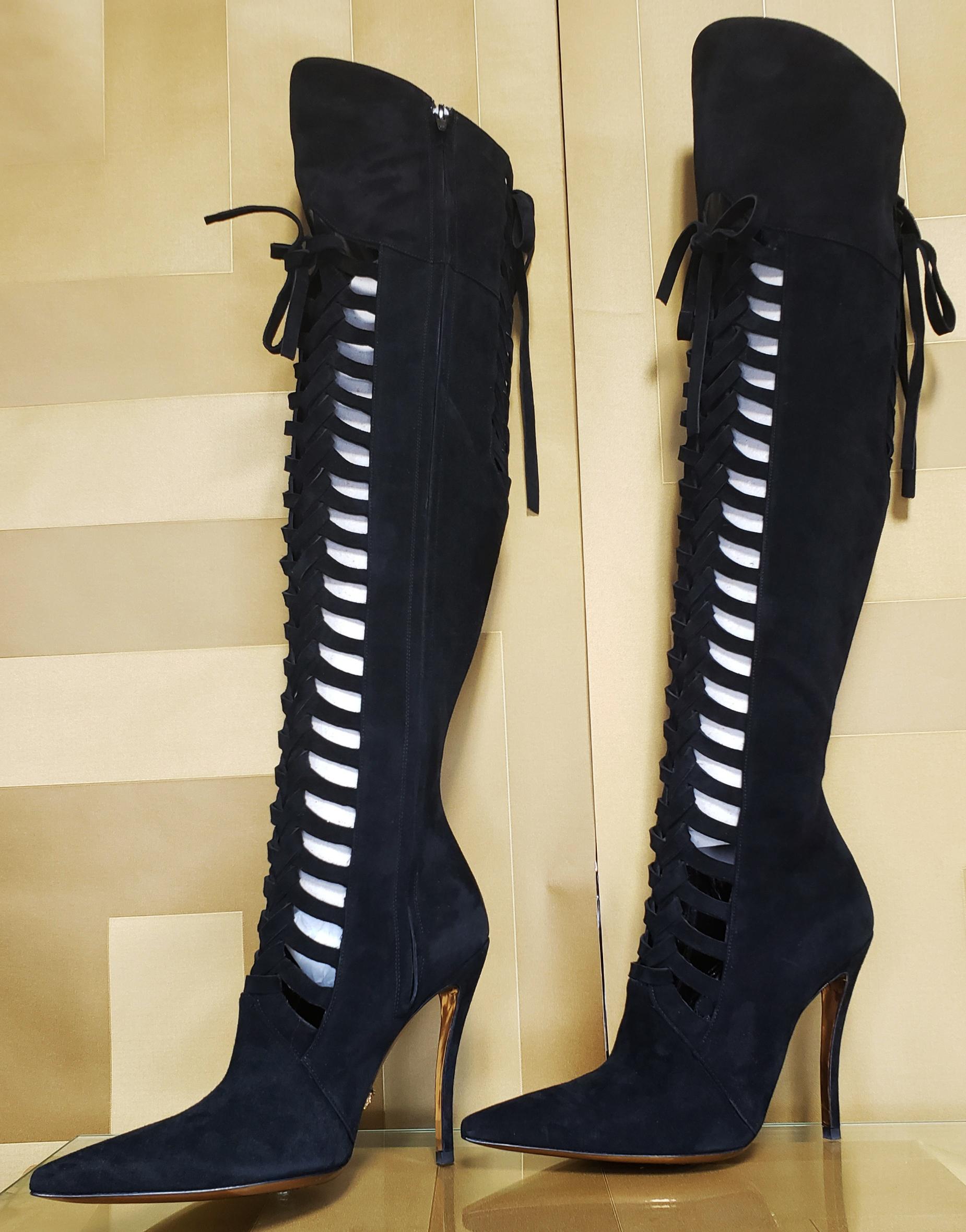 F/W 2014 Look # 27 NEW VERSACE BLACK SUEDE OVER THE KNEE BOOTS 38 - 8 For Sale 8