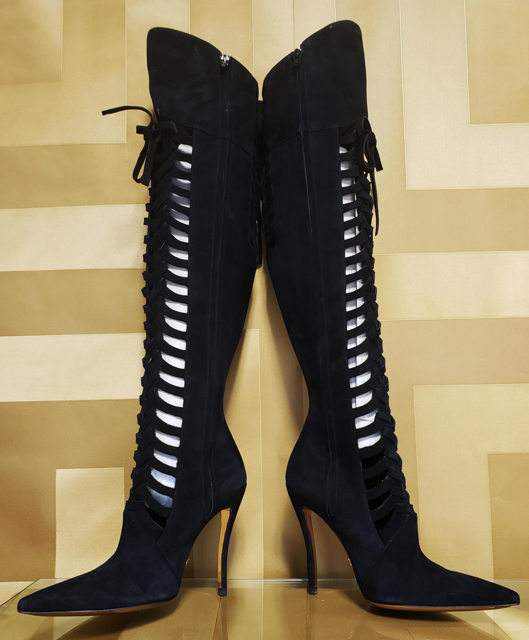 F/W 2014 Look # 27 NEW VERSACE BLACK SUEDE OVER THE KNEE BOOTS 38 - 8 For Sale 9