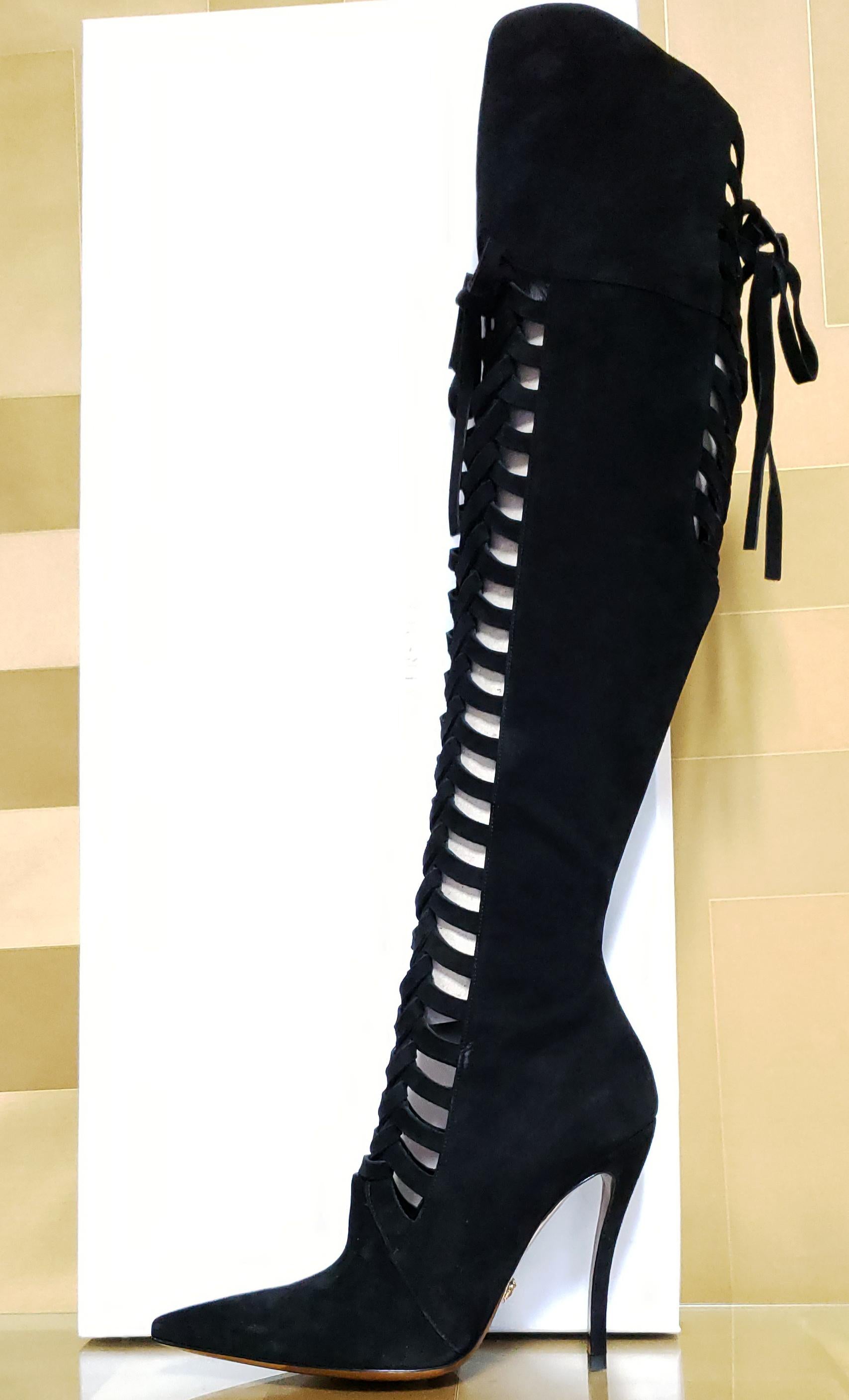 F/W 2014 Look # 27 NEW VERSACE BLACK SUEDE OVER THE KNEE BOOTS 38 - 8 For Sale 1