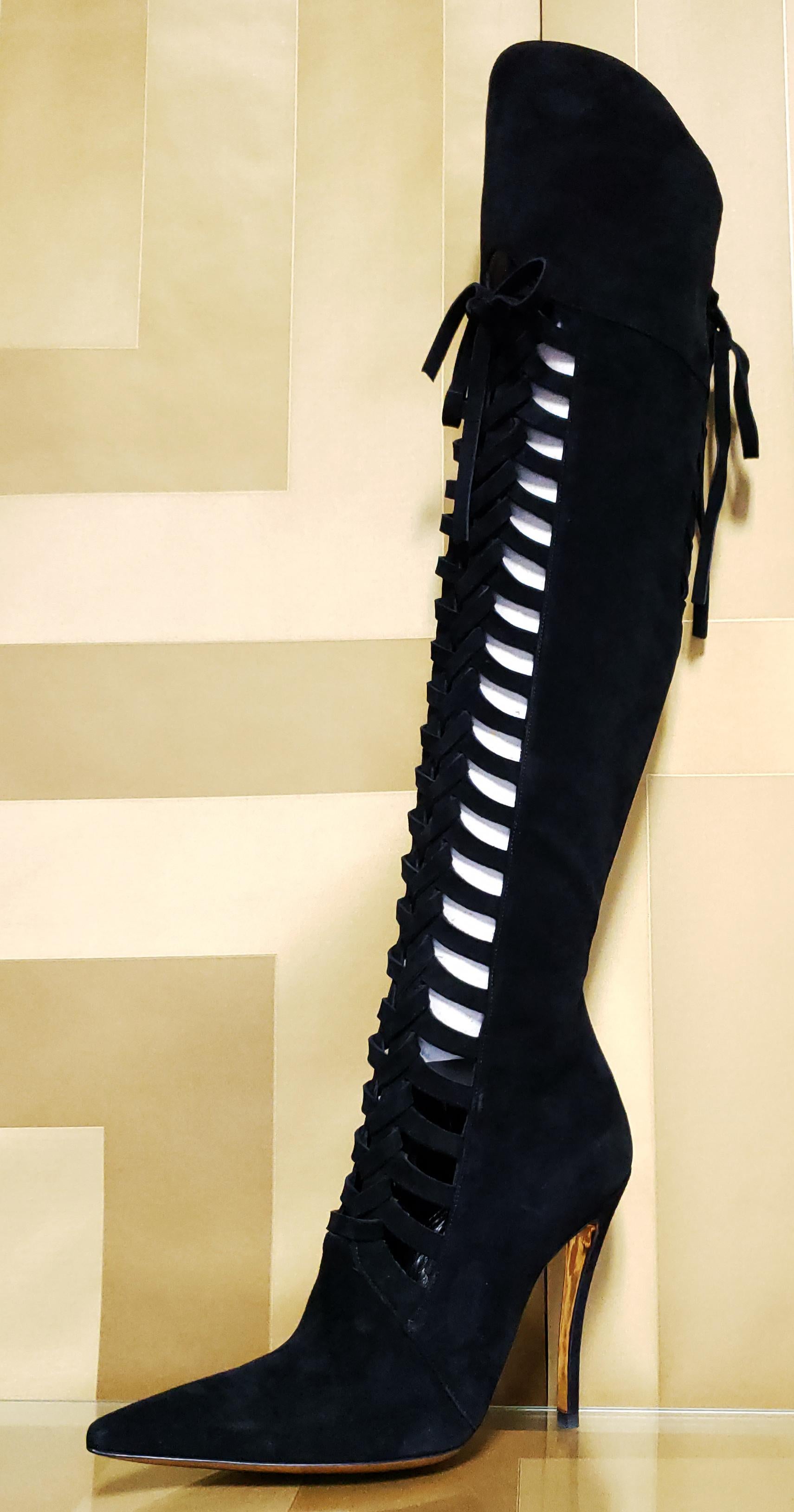 F/W 2014 Look # 27 NEW VERSACE BLACK SUEDE OVER THE KNEE BOOTS 38 - 8 For Sale 2