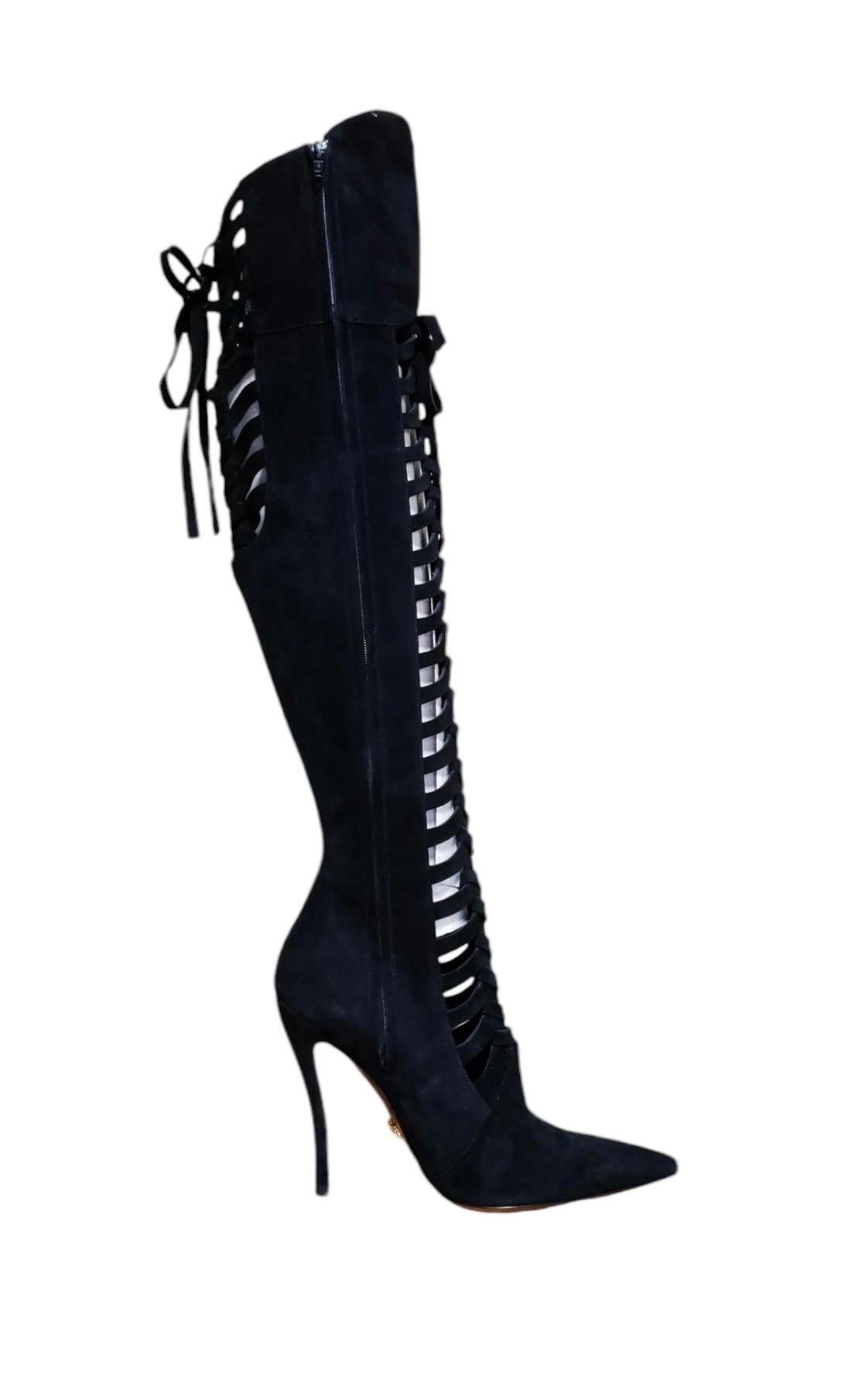 F/W 2014 Look # 27 New Versace Black Suede Over the Knee Boots 38 - 8 For Sale 3