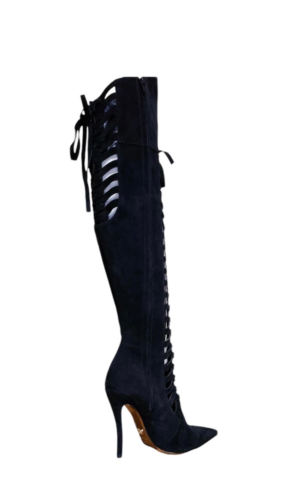 F/W 2014 Look # 27 New Versace Black Suede Over the Knee Boots 38 - 8 For Sale 4