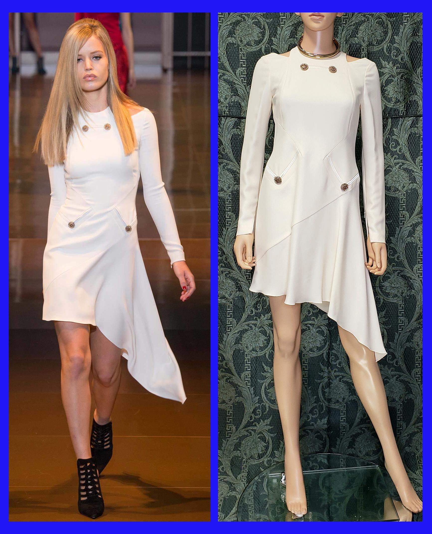 VERSACE

 Fall/Winter 2014 look # 3

Optic White dress with gold-tone crystal embellished buttons
Back zipper, long sleeves

Content: 100% silk,
outer fabric: 100% silk,
lining: 100% silk,
trim: 100% viscose



IT Size 40 - US 4

armpit to armpit 17