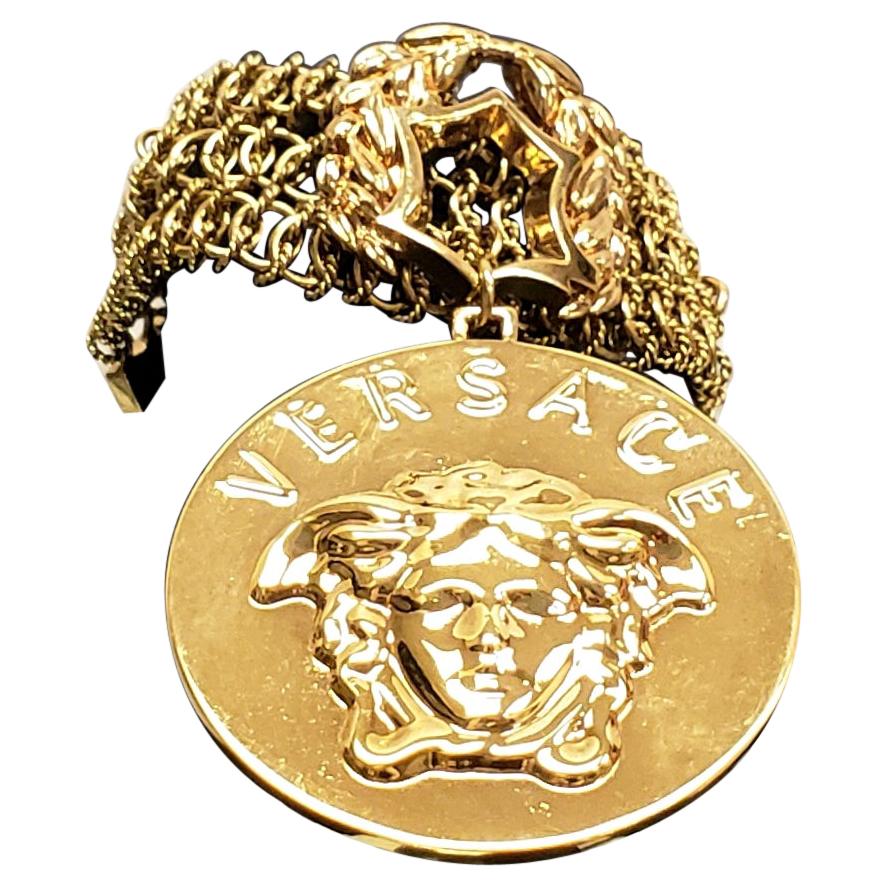 new VERSACE gold plated Medusa medallion coin V-Mine Heart charm chunky ...