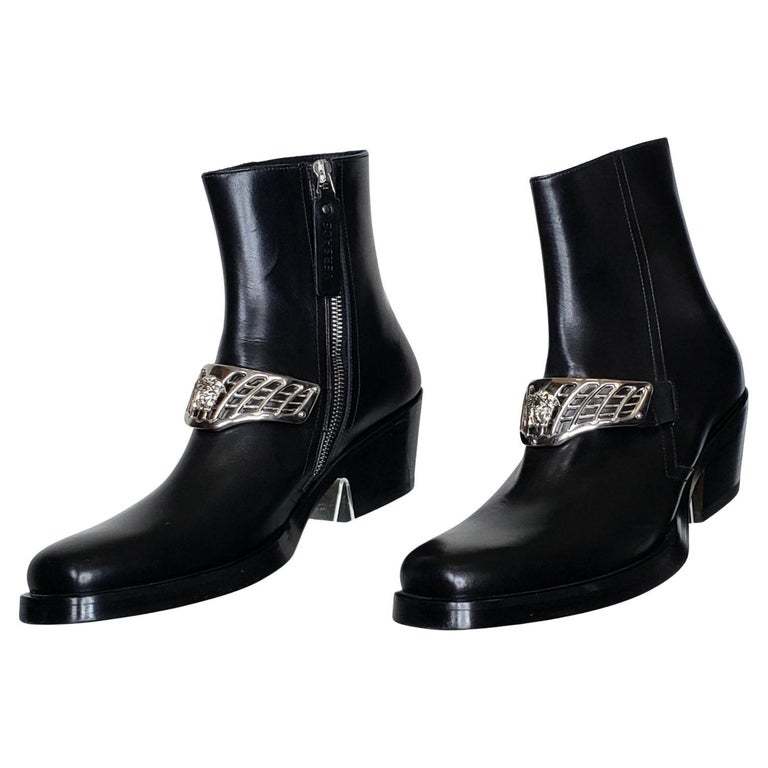 F/W 2014 Look #48 VERSACE WESTERN COWBOY BLACK LEATHER BOOTS for Men Size  41 - 8 For Sale at 1stDibs
