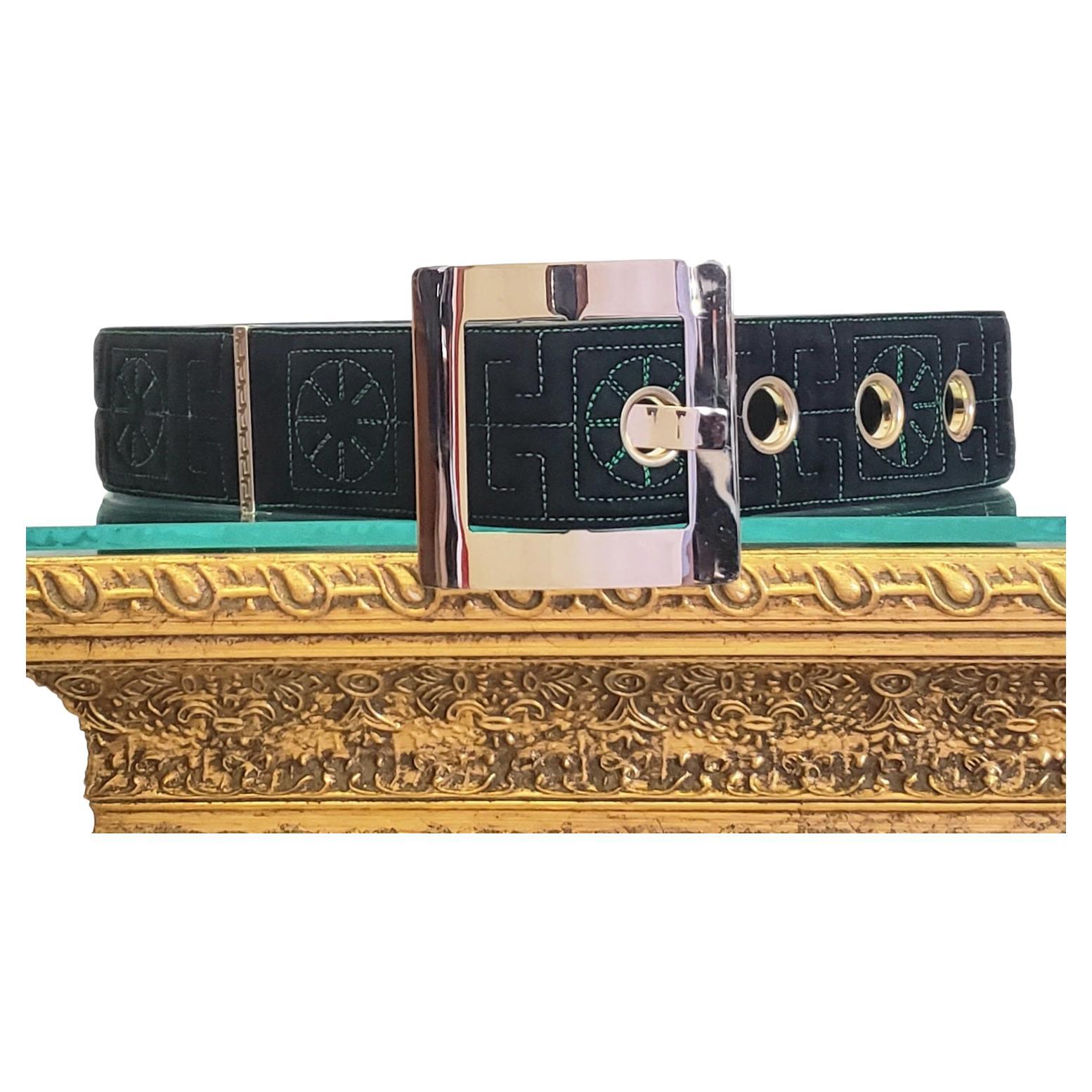 F/W 2015 Look #17 VERSACE BLACK and GREEN SUEDE BELT w/GOLD TONE BUCKLE 70/28 For Sale