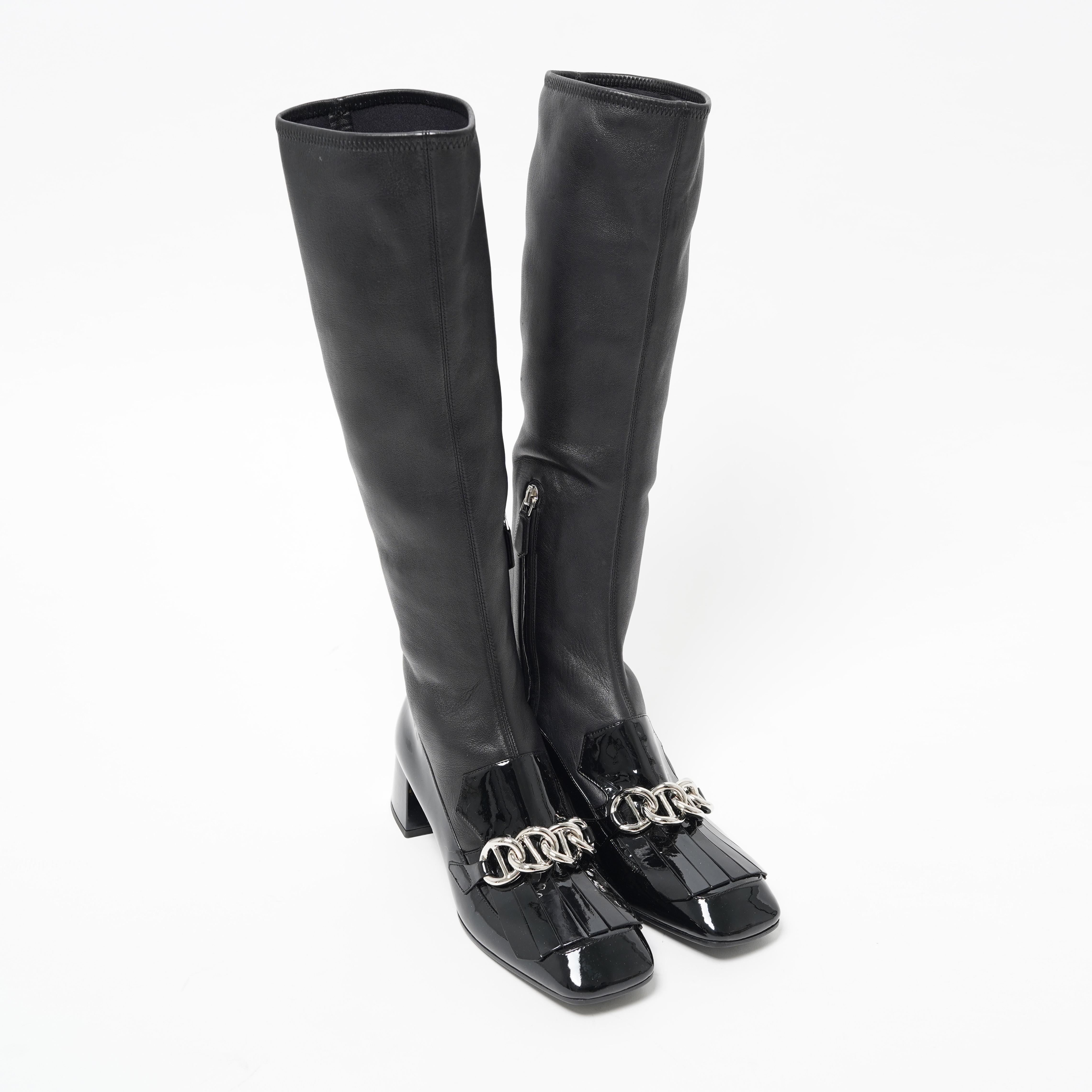 Women's F/W 2015 Prada Black Napa Leather Embellished Sock Boots 37 For Sale