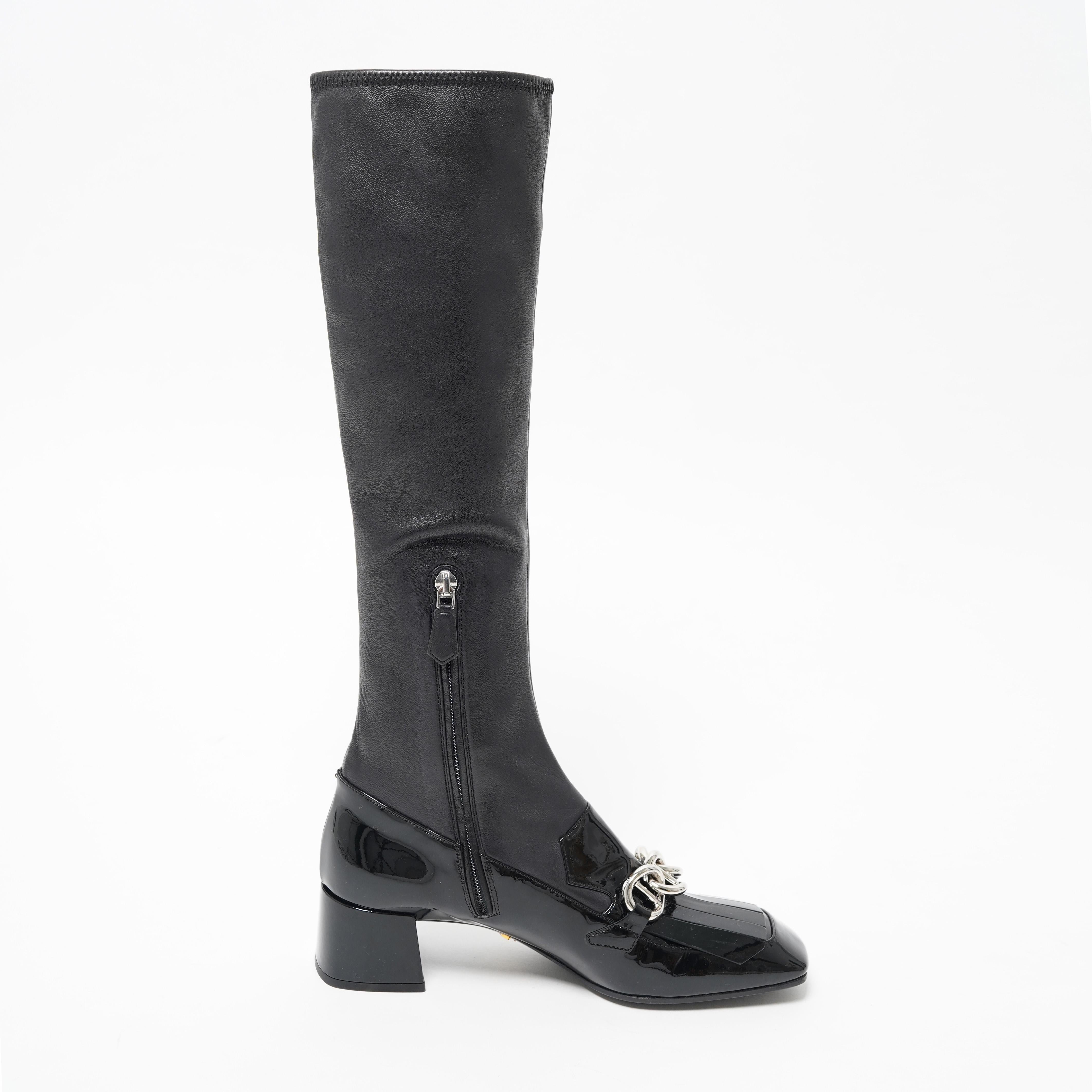 F/W 2015 Prada Black Napa Leather Embellished Sock Boots 37 For Sale 2