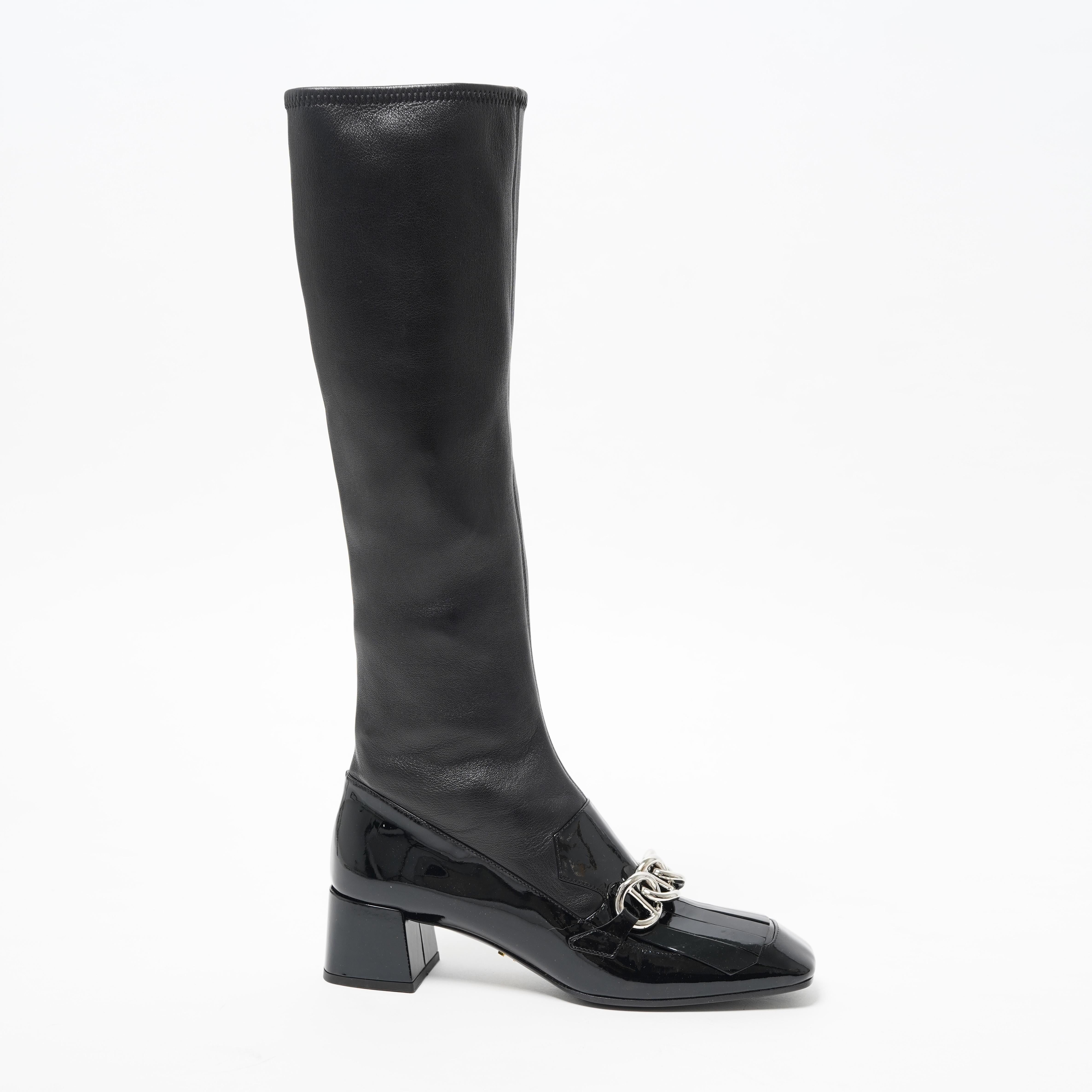 F/W 2015 Prada Black Napa Leather Embellished Sock Boots 37 For Sale 3