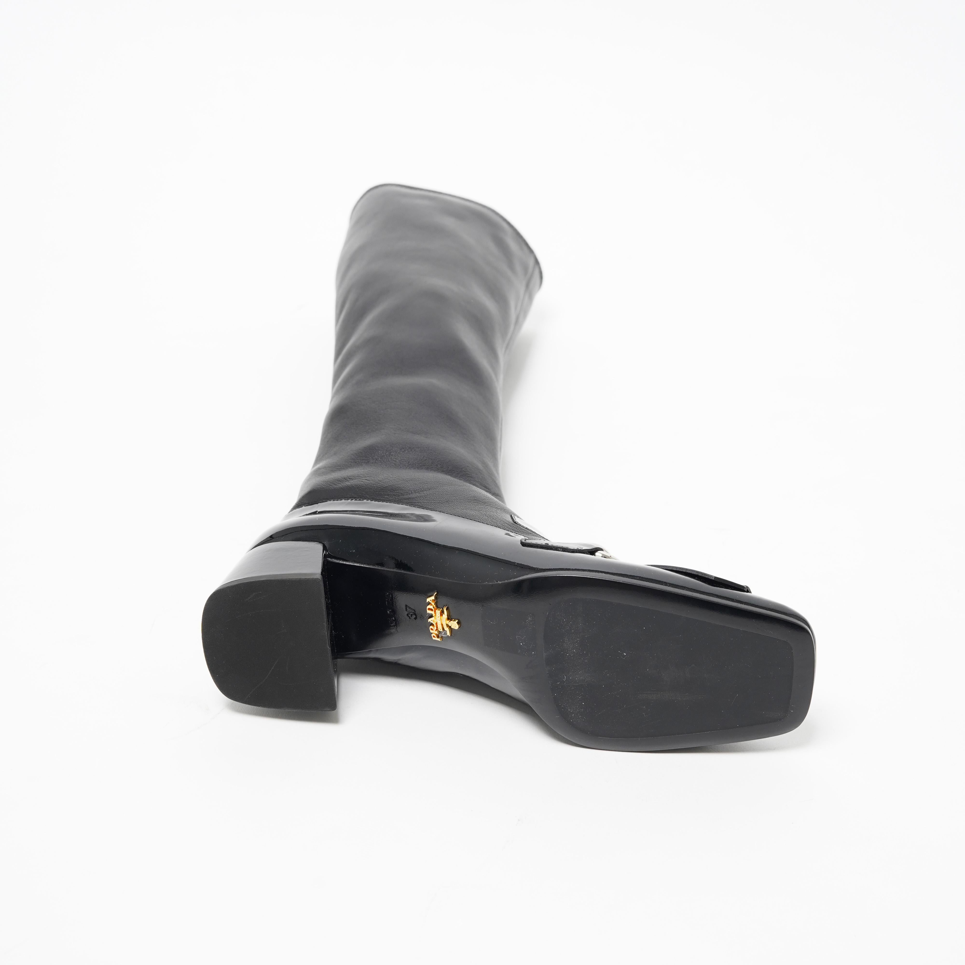 F/W 2015 Prada Black Napa Leather Embellished Sock Boots 37 For Sale 4