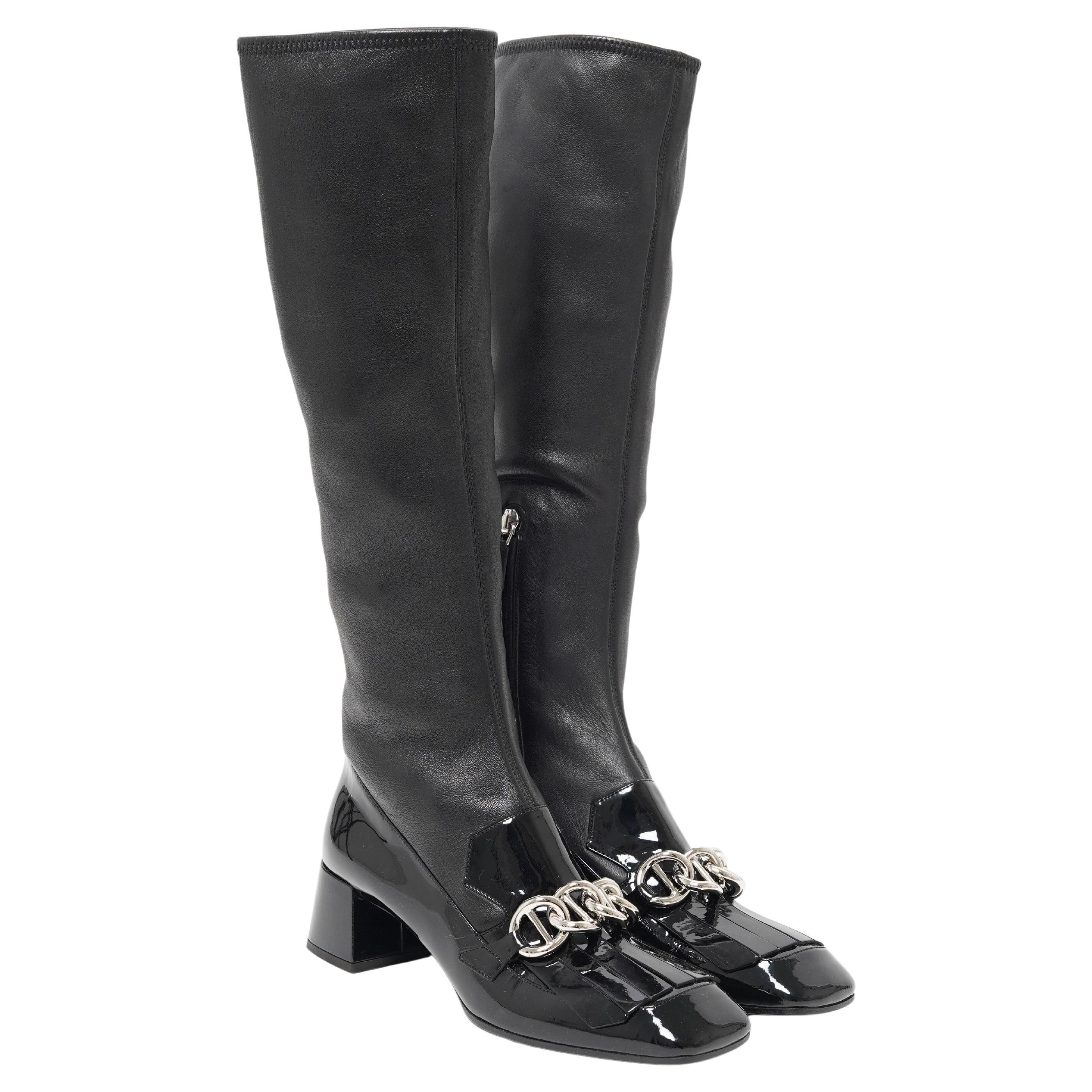 F/W 2015 Prada Black Napa Leather Embellished Sock Boots 37 For Sale