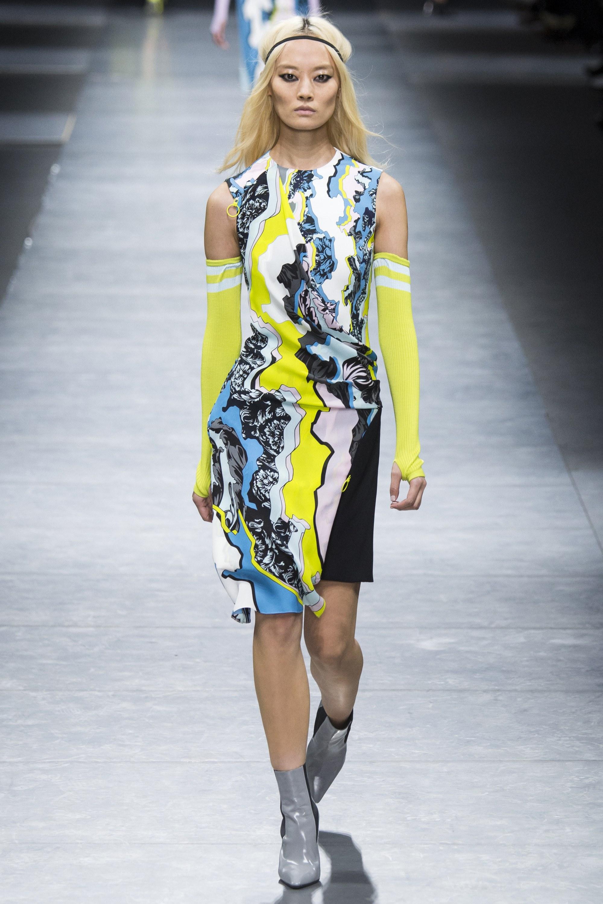 VERSACE 

Collection F/W 2016 Look # 42


Multicolor Draped Viscose and Silk Dress


Content: 

 Fabric 1:100% viscose

Fabric 2: 100% silk

Fabric 3: 100% silk

Lining: 71% acetate, 29% silk



Armpit to armpit 17 1/2