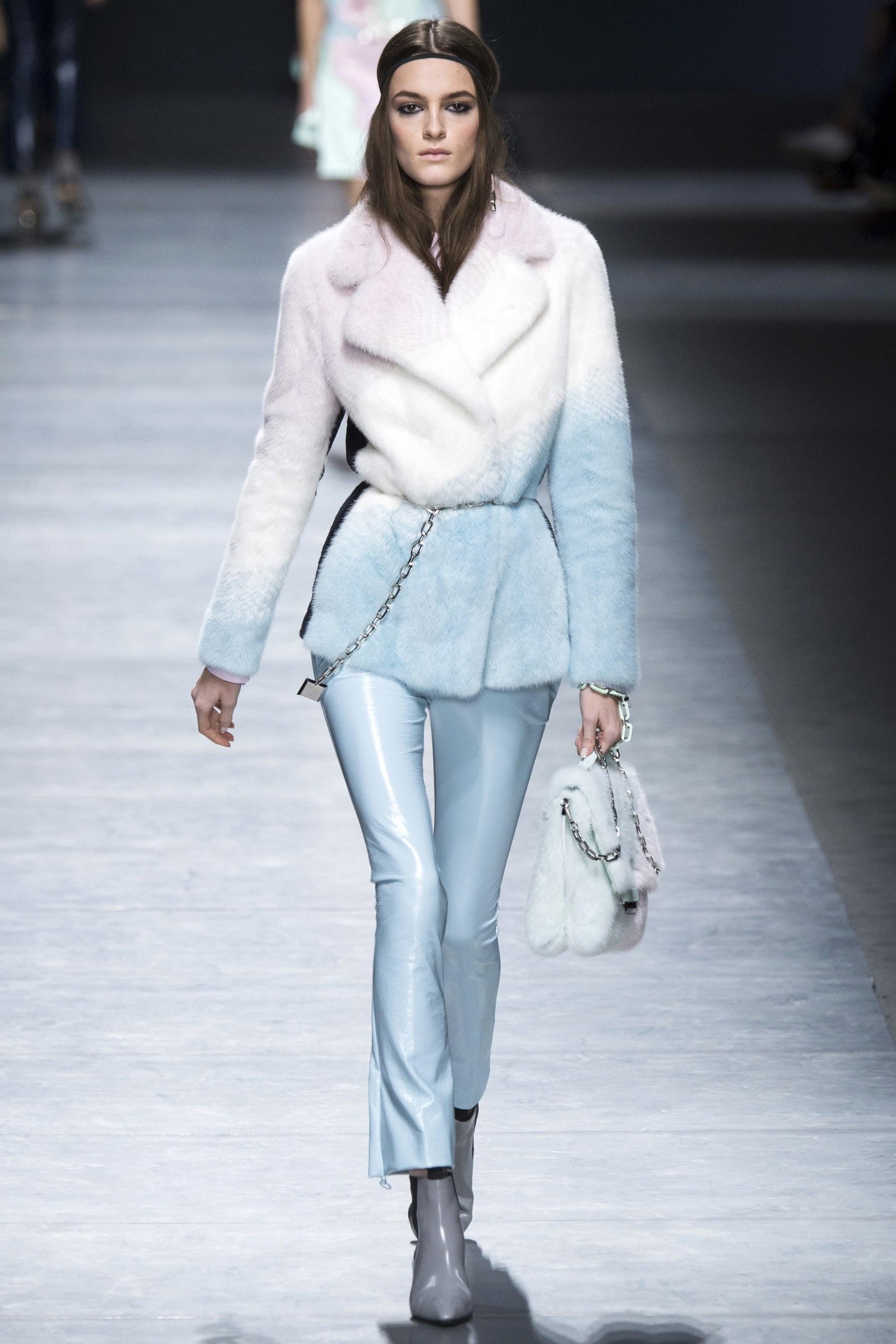 VERSACE


Collection F/W 2016 look # 45


Mink Fur jacket in pastel hues

Weasel inserts 

Hidden closure
Long sleeve
Black sheared mink panels
Hip-length
Lining: silk and leather

 
IT Size 38 2/4

shoulder to shoulder 17