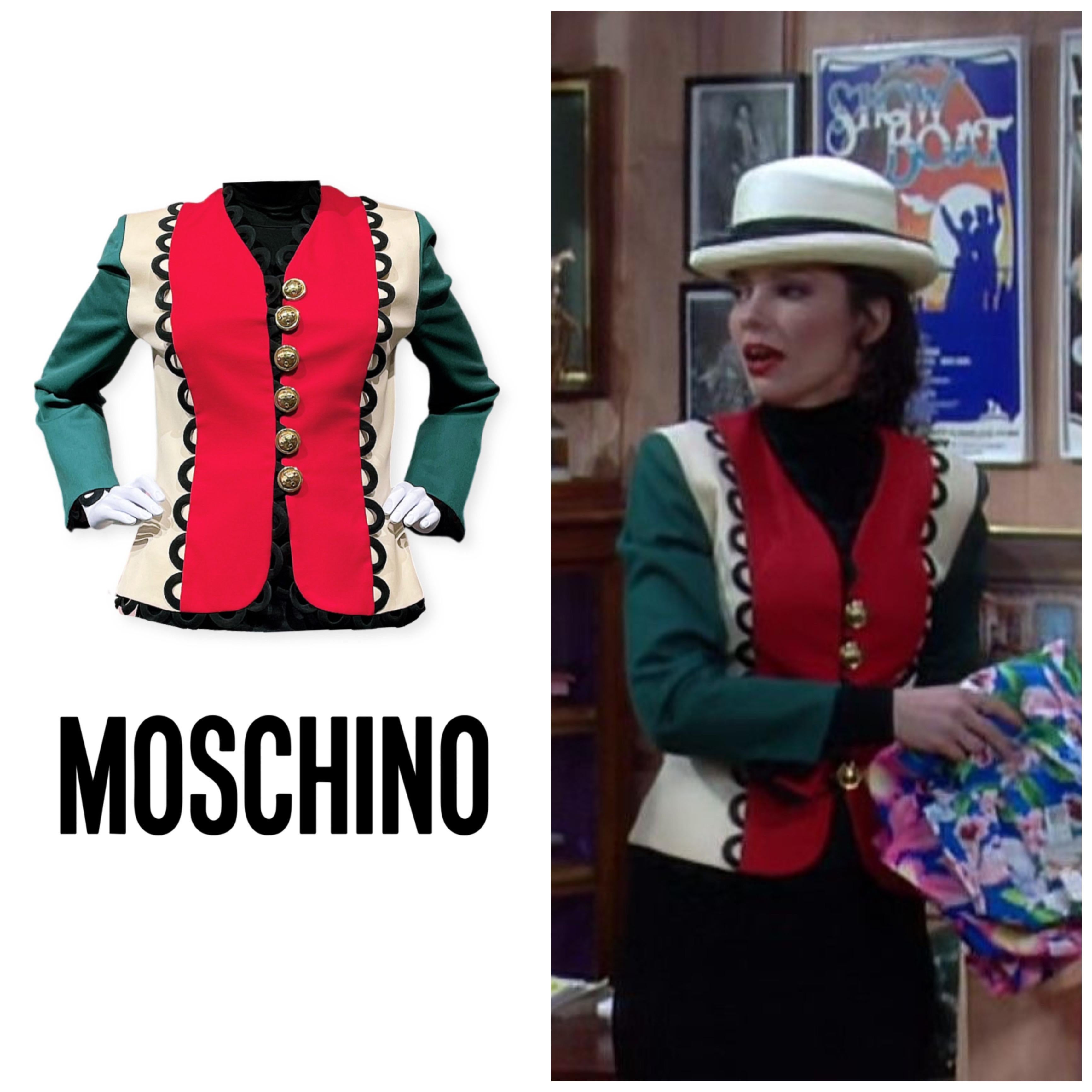 90s vintage Moschino cheap & chic jacket with Italian flag F/W 92/93, in immaculate condition. Worn by Fran on the 90s  hit sitcom The Nanny. it is 100 % virgin wool. 

Sizes : 
I 46 
FR 42 
US 12 
UK 14 

Measurements laid flat in cm : 

Bust 52