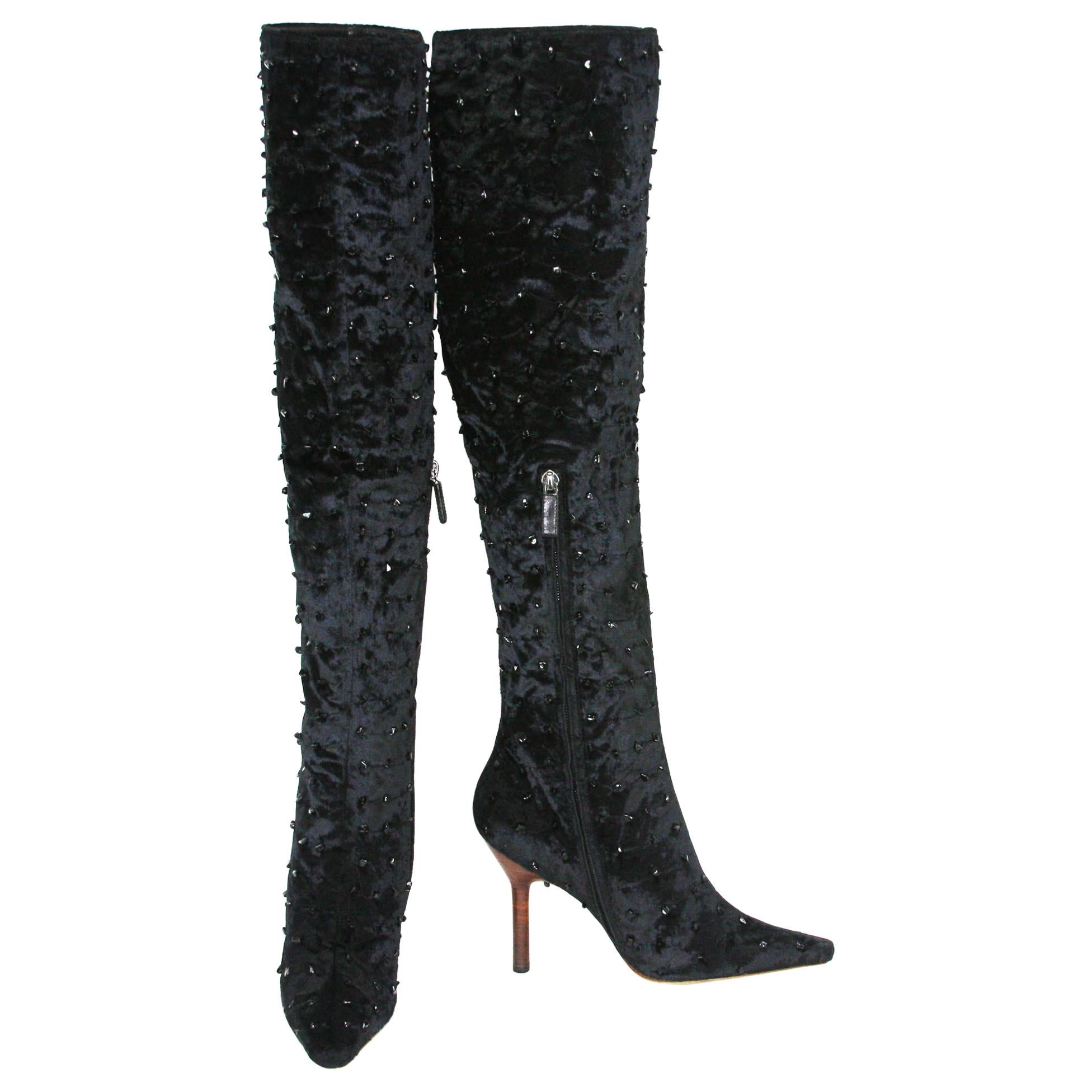 F/W 99 Tom Ford for Gucci Black Onyx Embellished Velvet Knee Boots 37.5 7.5 For Sale