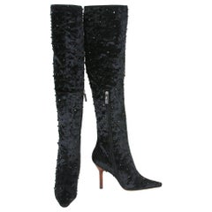 F/W 99 Tom Ford for Gucci Black Onyx Embellished Velvet Over Knee Boots 37.5 7.5