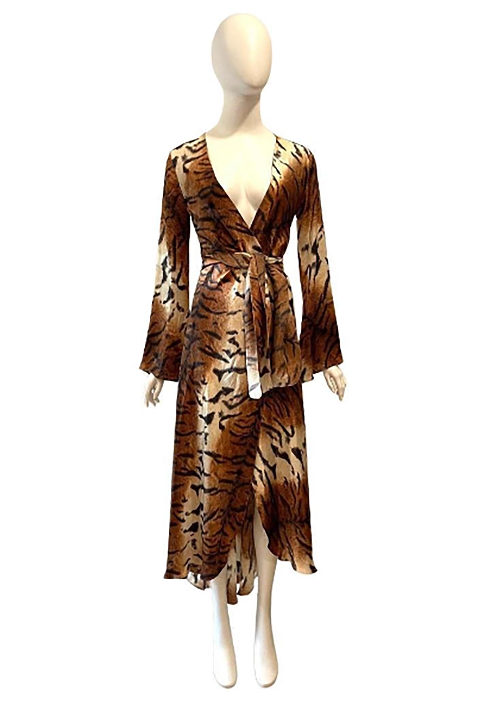 Brown F/W Roberto Cavalli 2000 silk tiger wrap dress Unworn