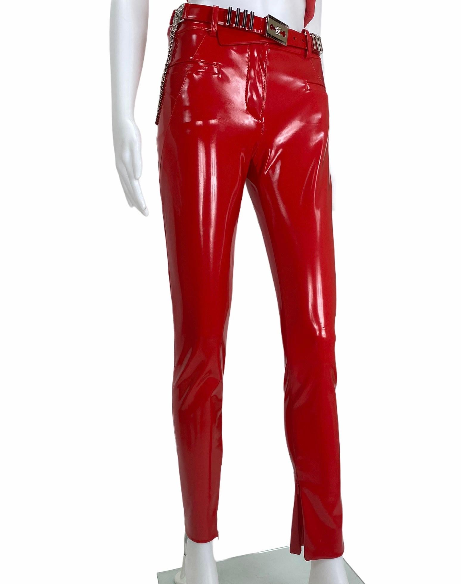 Women's F/W13 Versace Red Japanese Vinyl Slim Pants with Top and Belt IT Size 38 For Sale