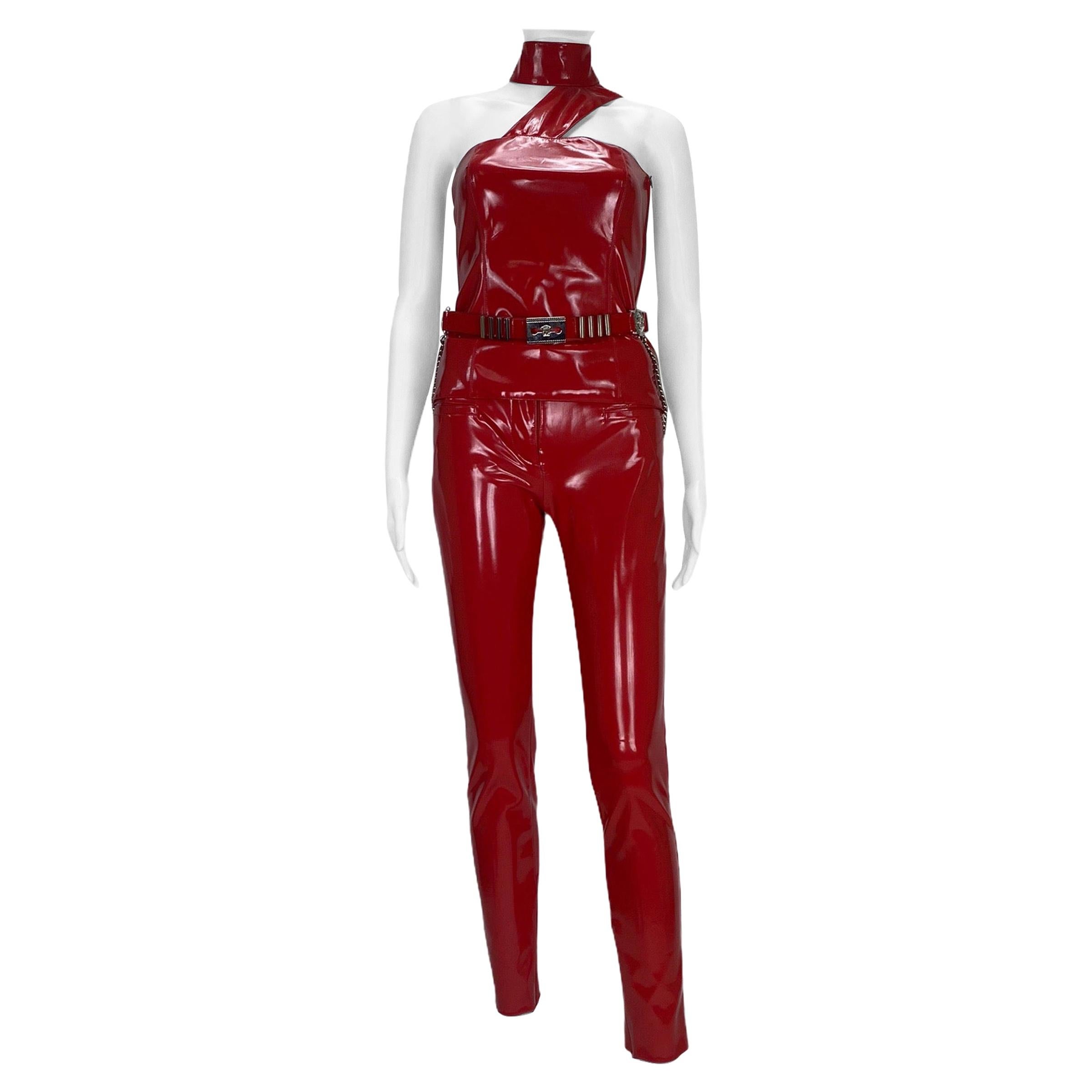 F/W13 VERSACE RED JAPANESE VINYL SLIM PANTS with TOP and BELT IT Size 38