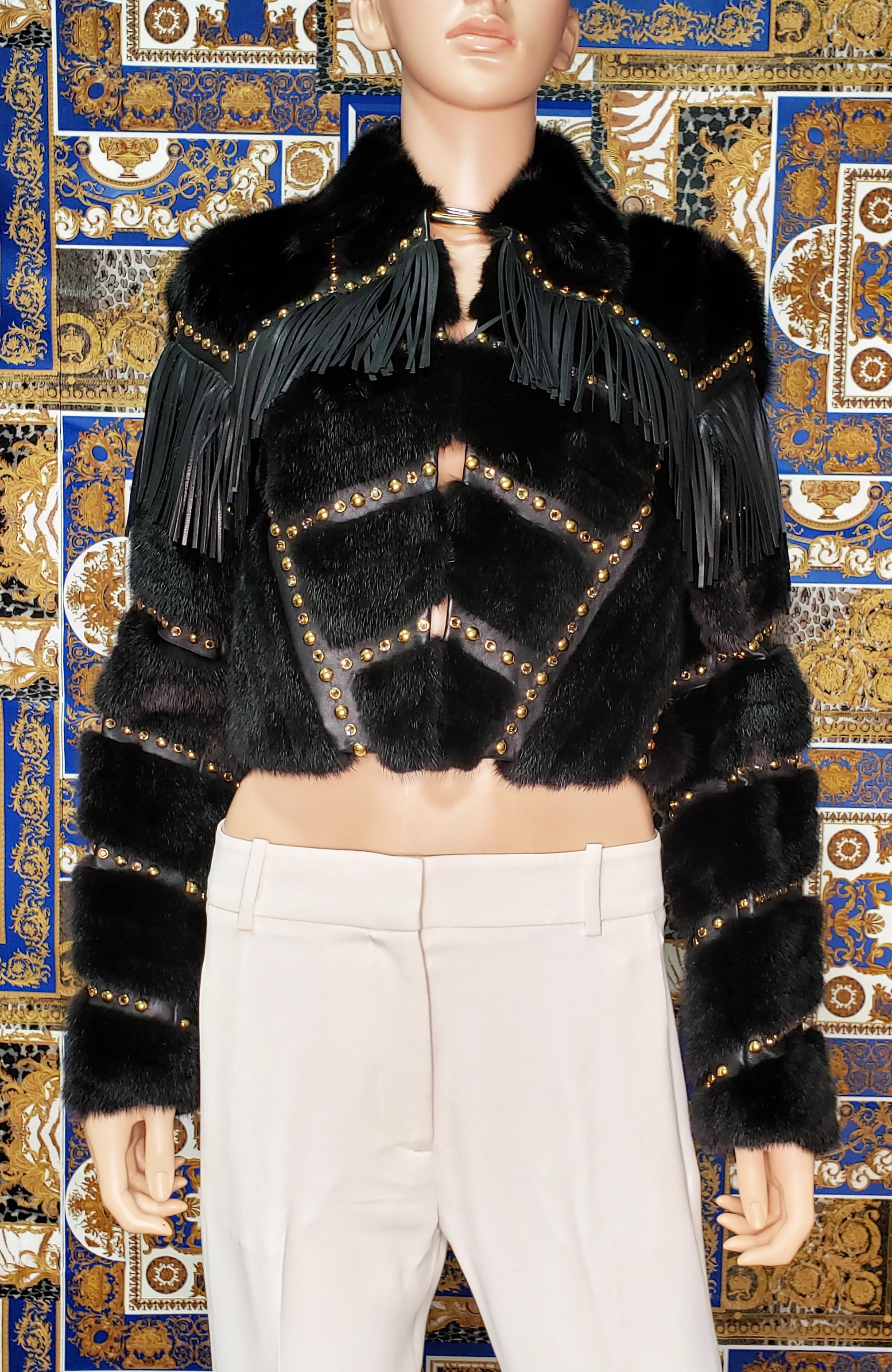 F/W14 Look #19 VERSACE FUR JACKET with STUDS, CRYSAL and LEATHER FRINGE 38 - 2 In New Condition For Sale In Montgomery, TX