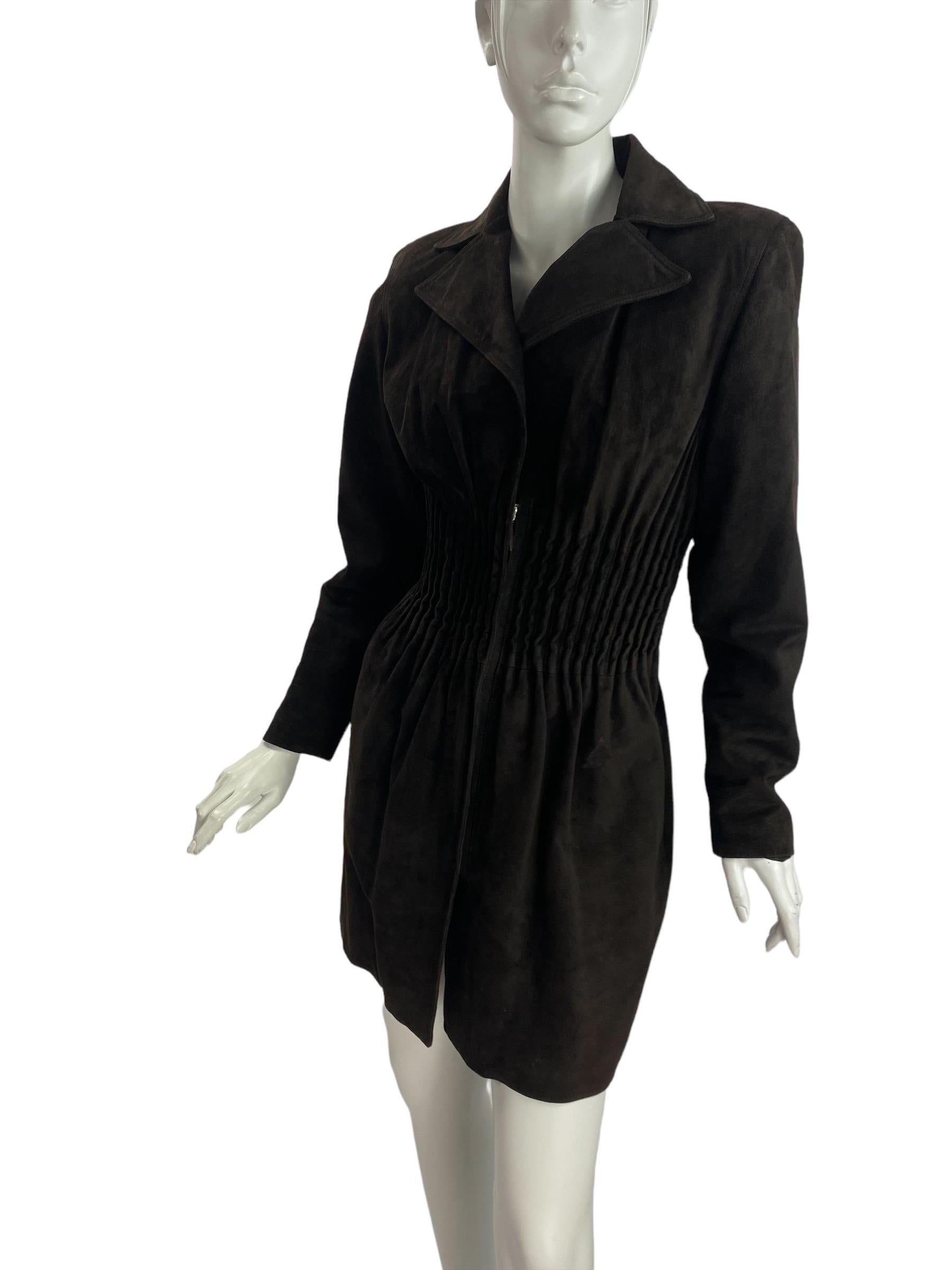 Black Vintage Gianni Versace F/W2001 Look#40 Chocolate Brown Corset Suede Leather Coat For Sale