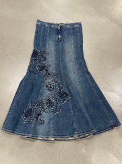 F/W2002 Roberto Cavalli floral tattoo embroidered denim skirt