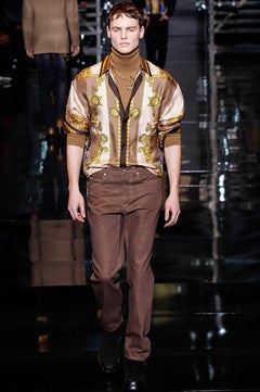 F/W2014 look#19 VERSACE BROWN 100% SILK COWBOY SHIRT IT 50 - 40 (L)