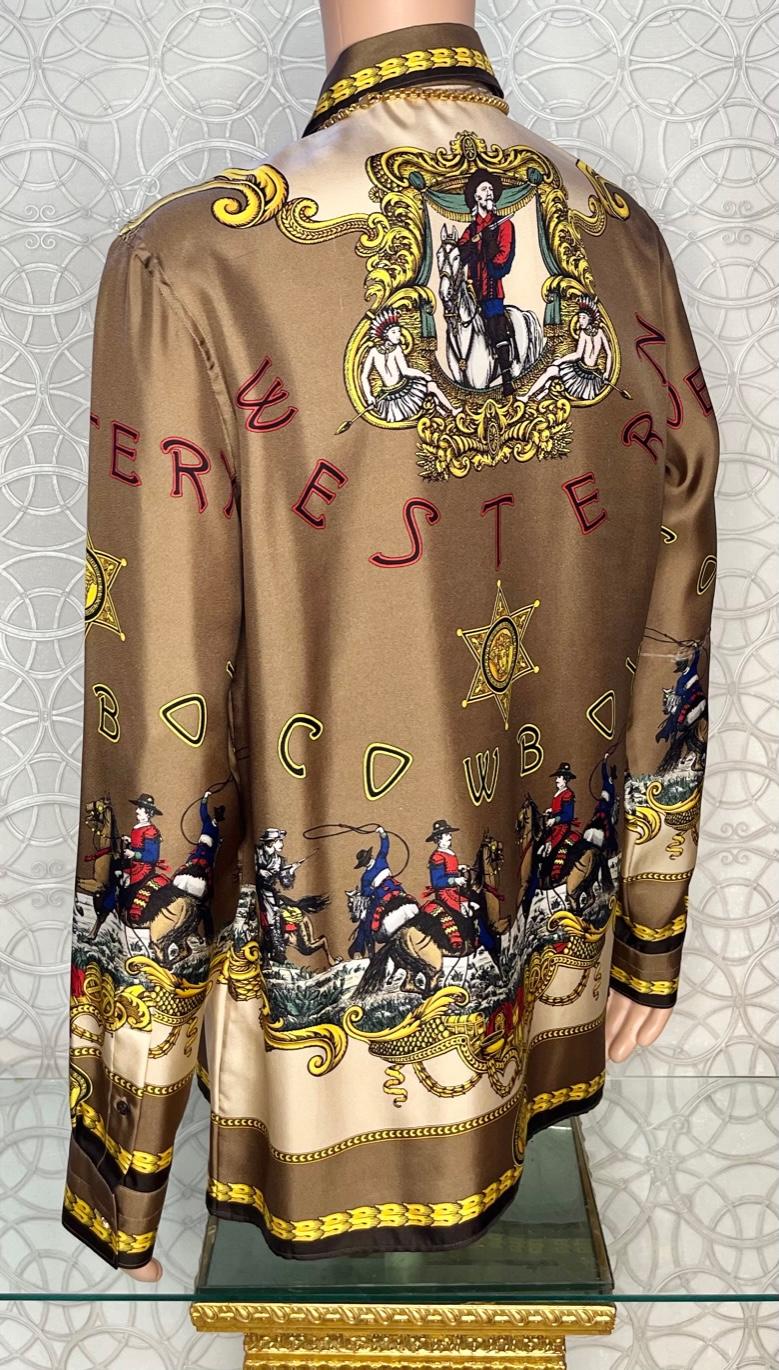 F/W2014 look#19 VERSACE BROWN 100% SILK COWBOY SHIRT IT 50 - 40 (L) In New Condition In Montgomery, TX