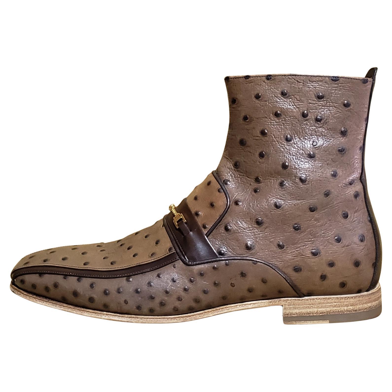 F/W2015 look#33 NEW VERSACE BROWN OSTRICH LEATHER BOOTS with SIDE ZIPPER 44 - 11 For Sale