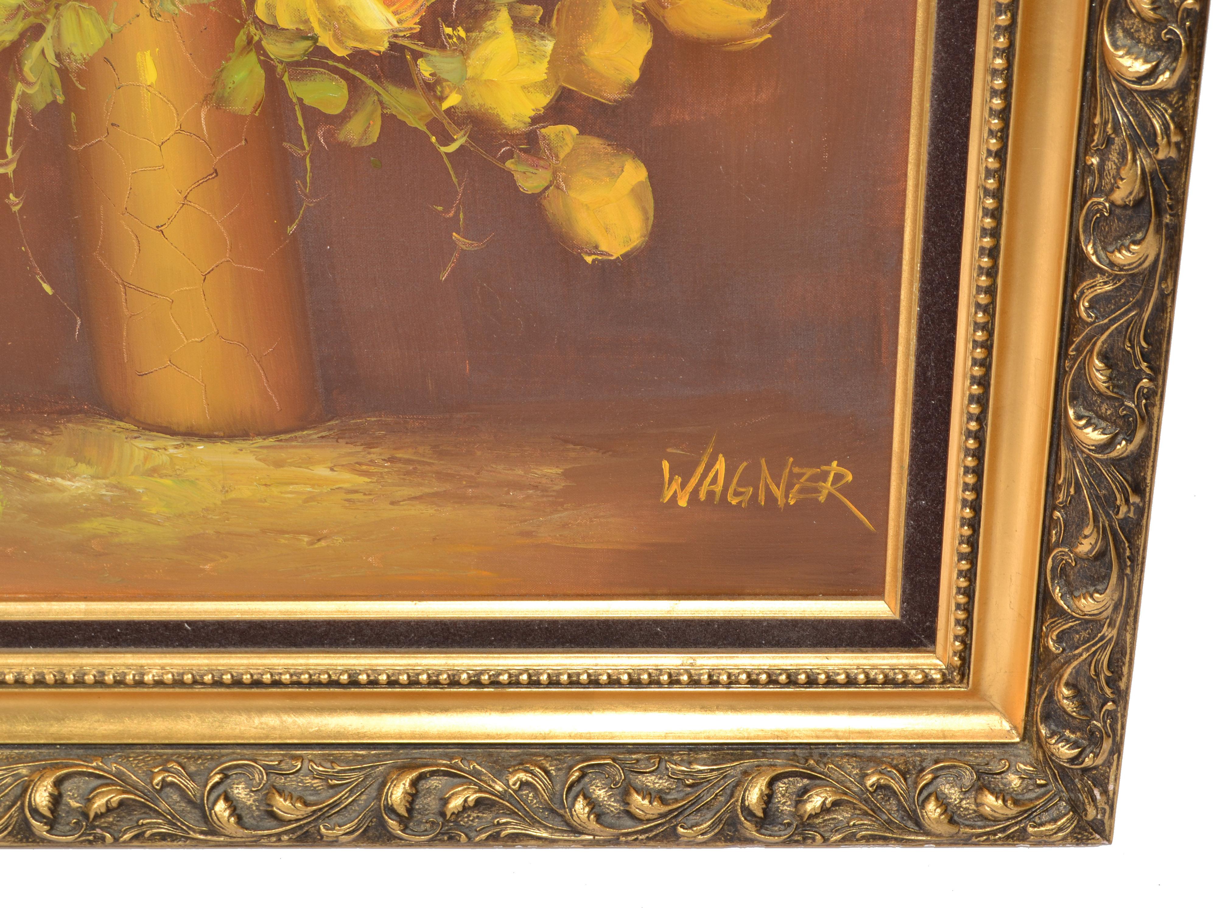 F. Wagner Framed Classical Floral Still Life Roses Painting Oil on Canvas, 1972 For Sale 1