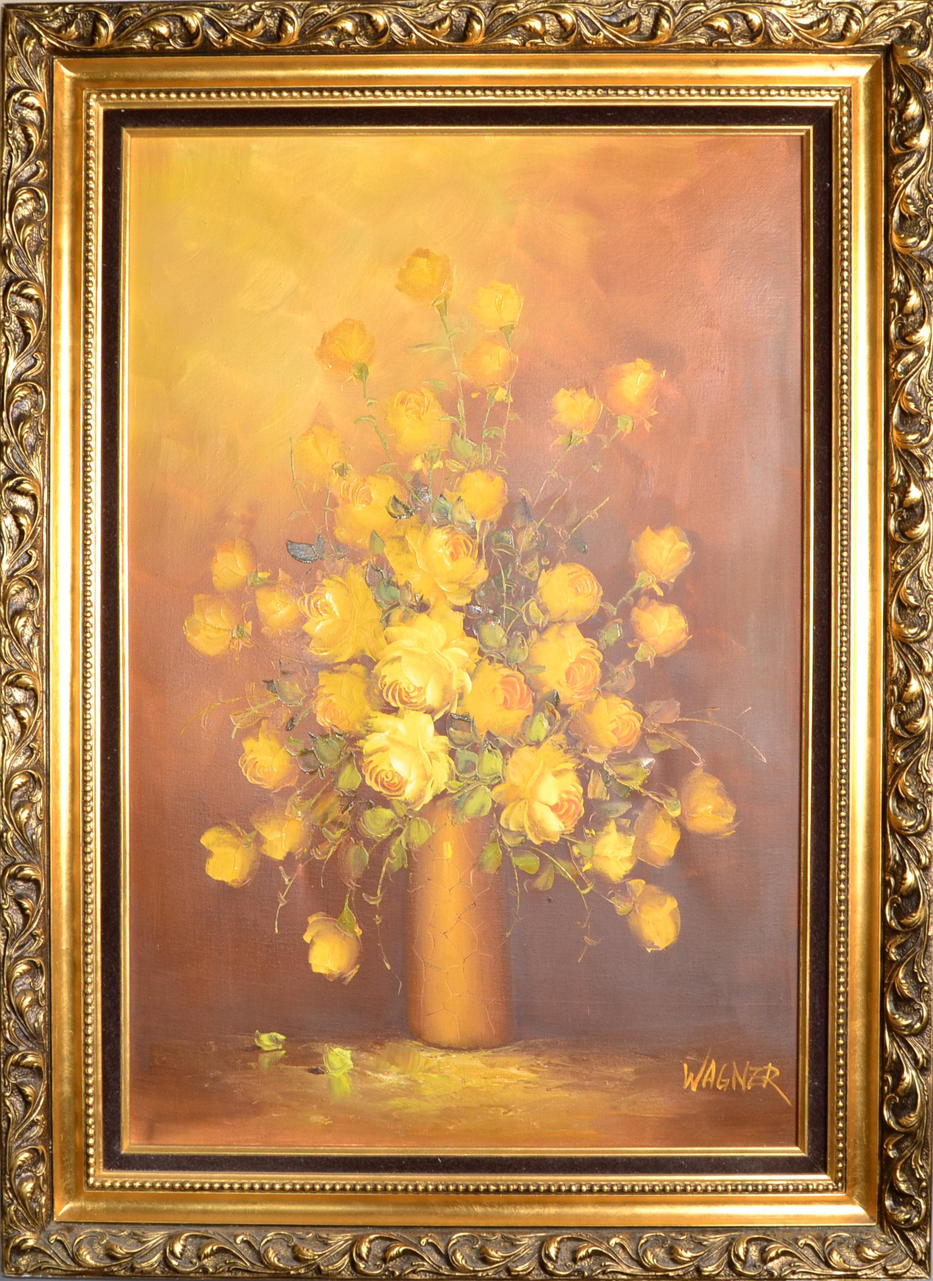 Large Fine Art Oil Painting by F. Wagner dated 1/72 Gilt Wood Frame with Acanthus Scroll decoration.
Title is yellow Roses in vintage Vase, a classic Floral Still Life Painting in the Old Masters Style and Movement.
The Medium is Oil on Canvas and