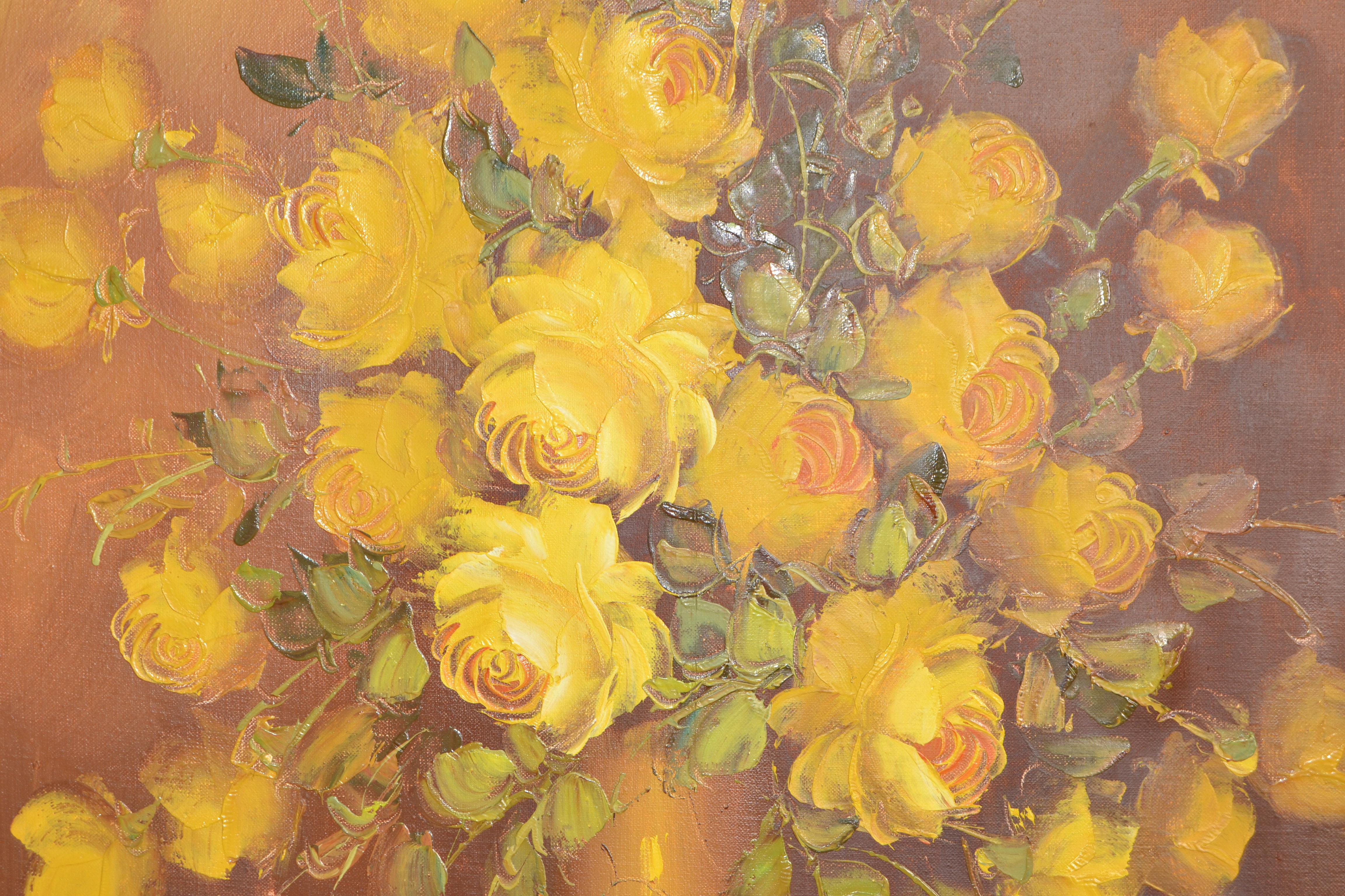 Hollywood Regency F. Wagner Framed Classical Floral Still Life Roses Painting Oil on Canvas, 1972 For Sale