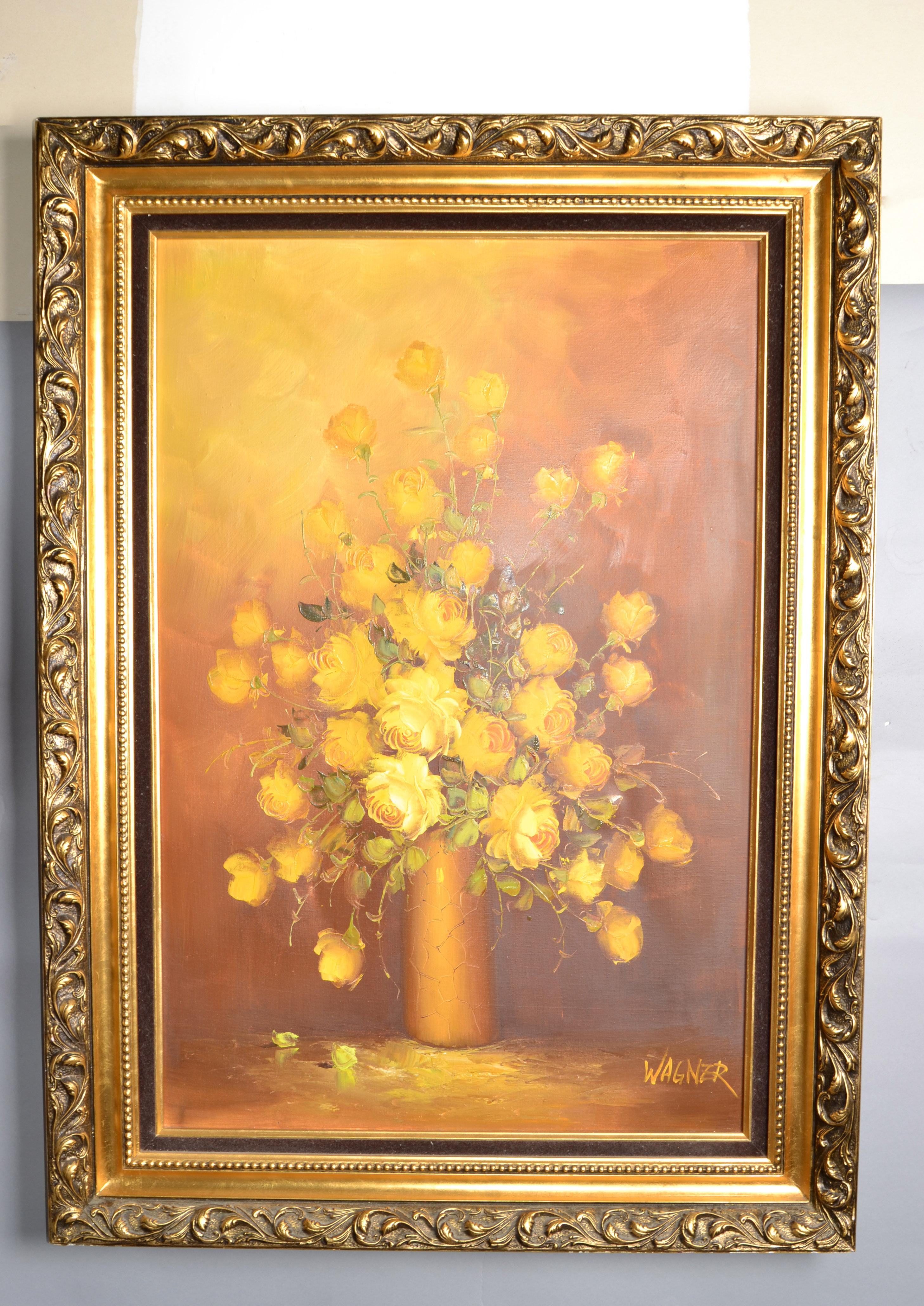 Hand-Painted F. Wagner Framed Classical Floral Still Life Roses Painting Oil on Canvas, 1972 For Sale