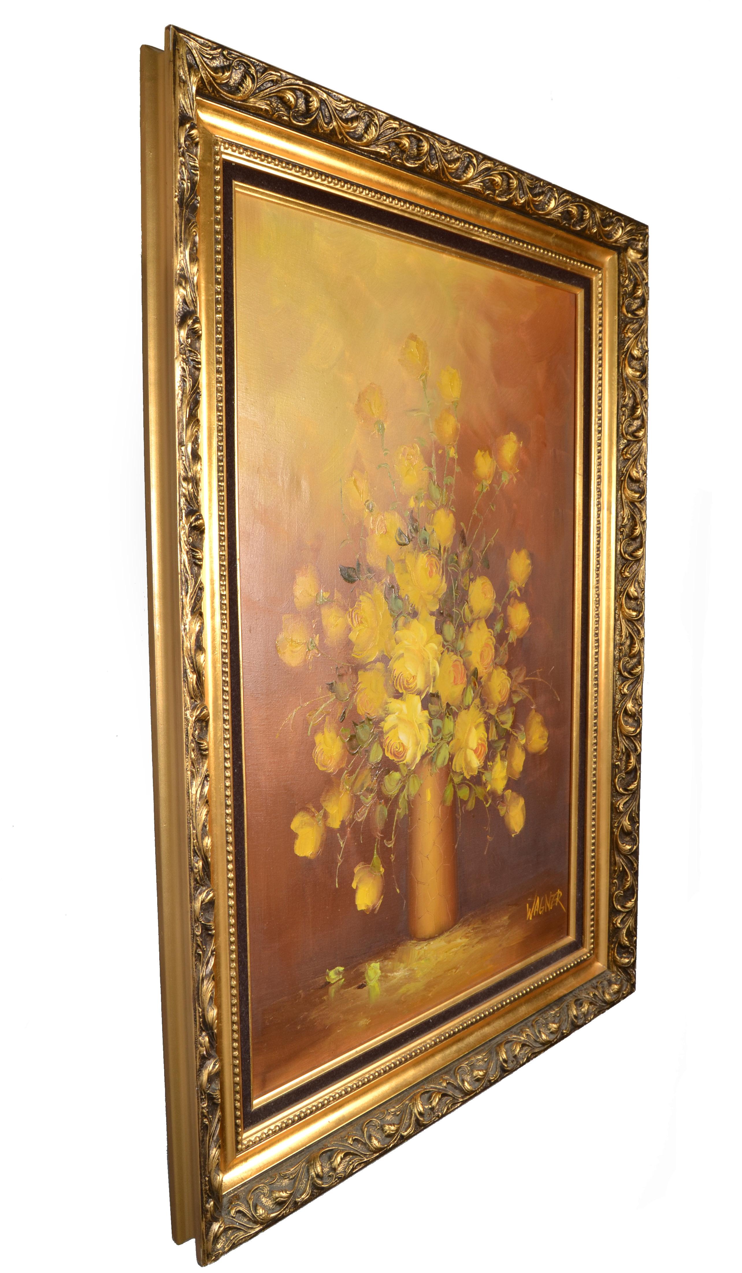 F. Wagner Framed Classical Floral Still Life Roses Painting Oil on Canvas, 1972 In Good Condition For Sale In Miami, FL