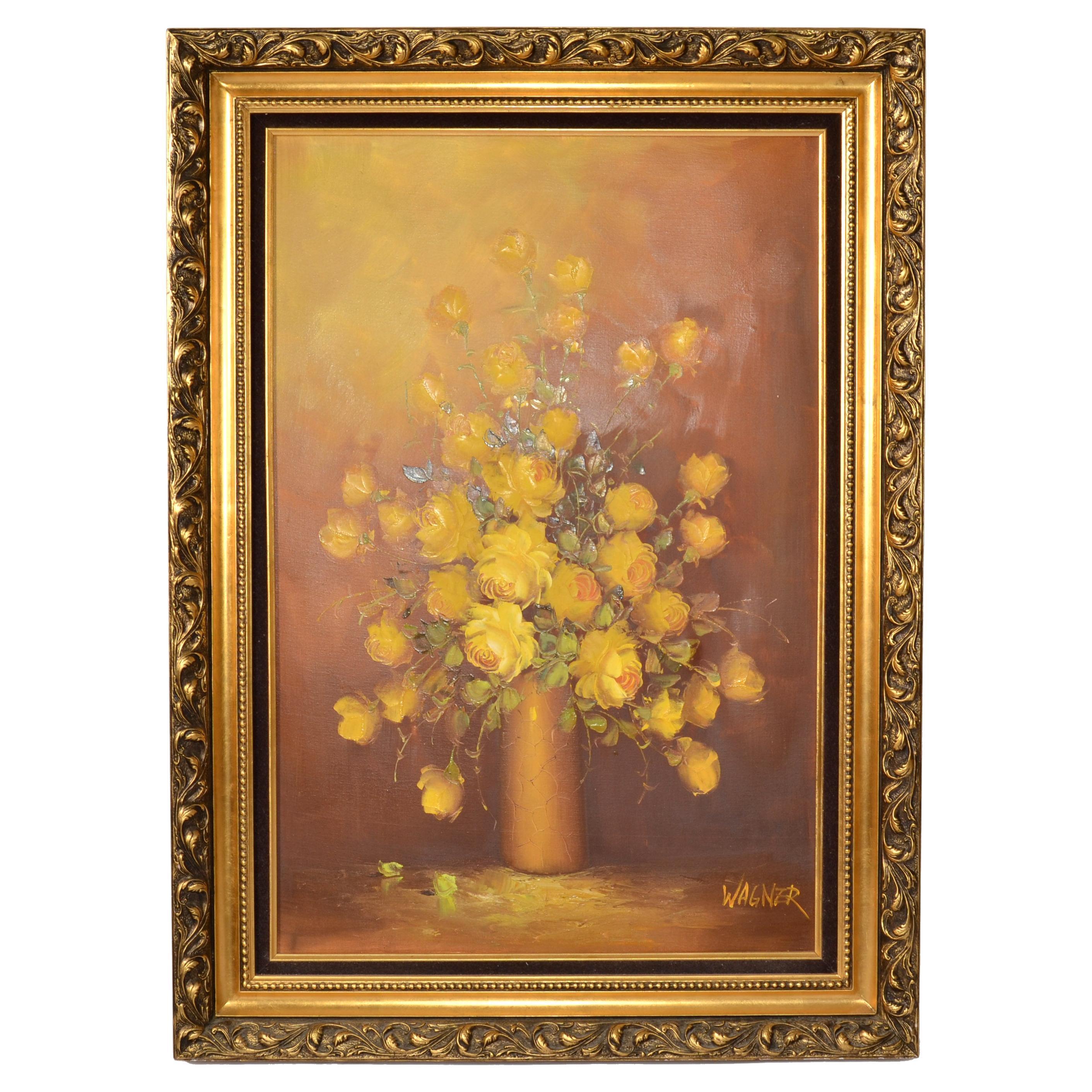 F. Wagner Framed Classical Floral Still Life Roses Painting Oil on Canvas, 1972 For Sale