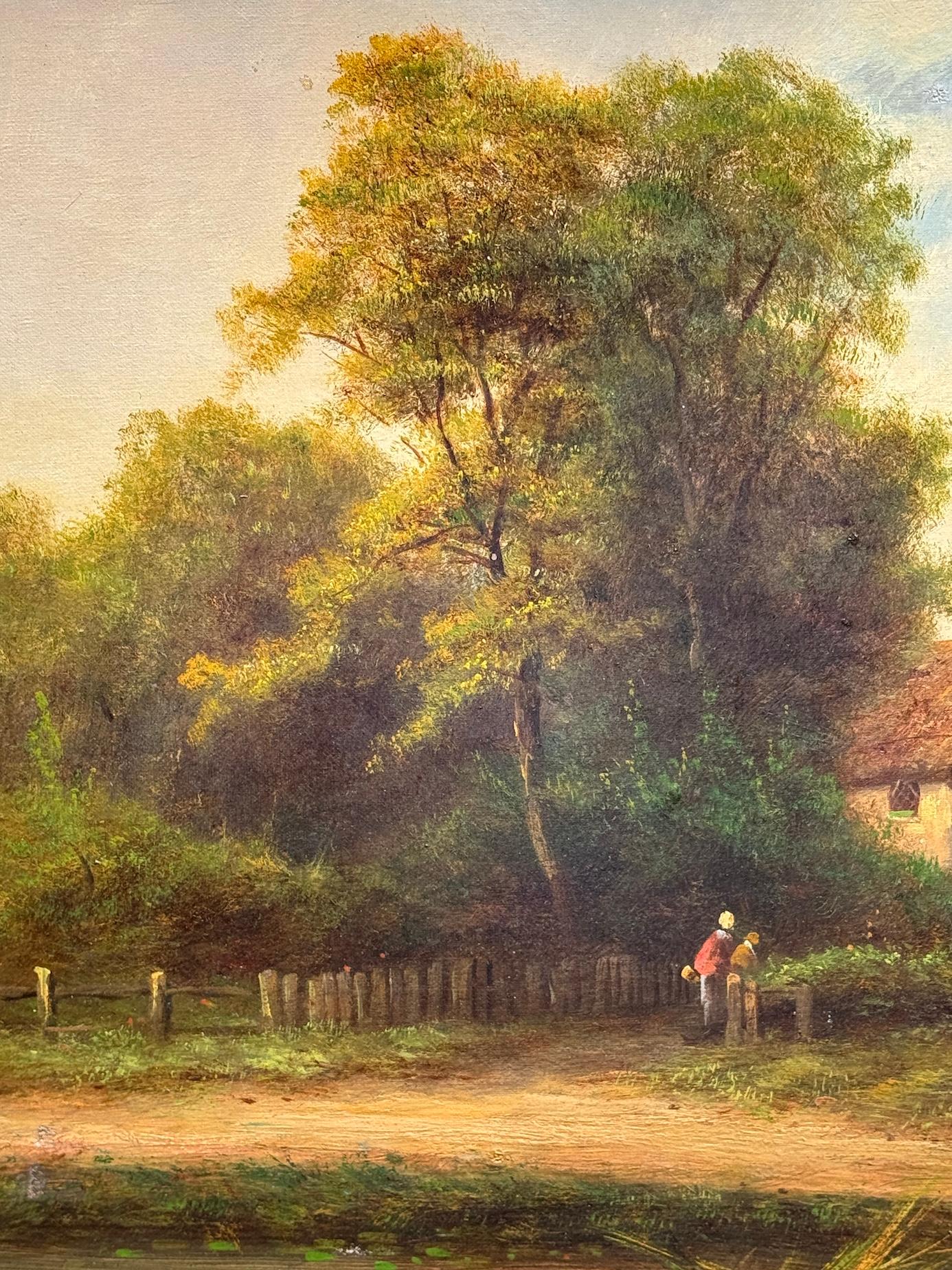 F. Walters (britannique, 19e siècle)
Paysage de chalet avec figures et étang
Huile sur toile, signée en bas à gauche
École anglaise, vers 1880
Présenté dans un cadre sculpté et doré du XIXe siècle.

Ce paysage rural serein et étendu de l'artiste