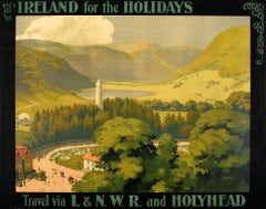 Original Antique Railway Travel Poster Ireland For The Holidays LNWR & Holyhead
