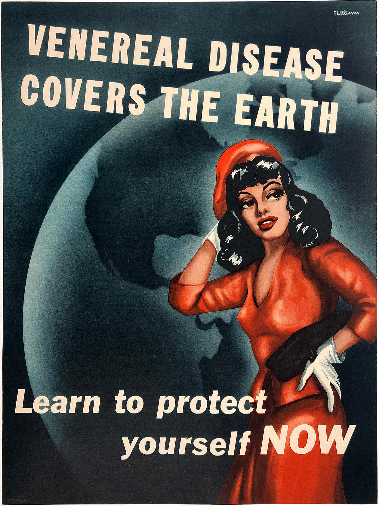 Questo poster originale della Seconda Guerra Mondiale mette in guardia i militari americani dalla minaccia globale delle malattie veneree durante i viaggi di guerra. Una sorprendente illustrazione di una donna elegante in rosso è posizionata su una