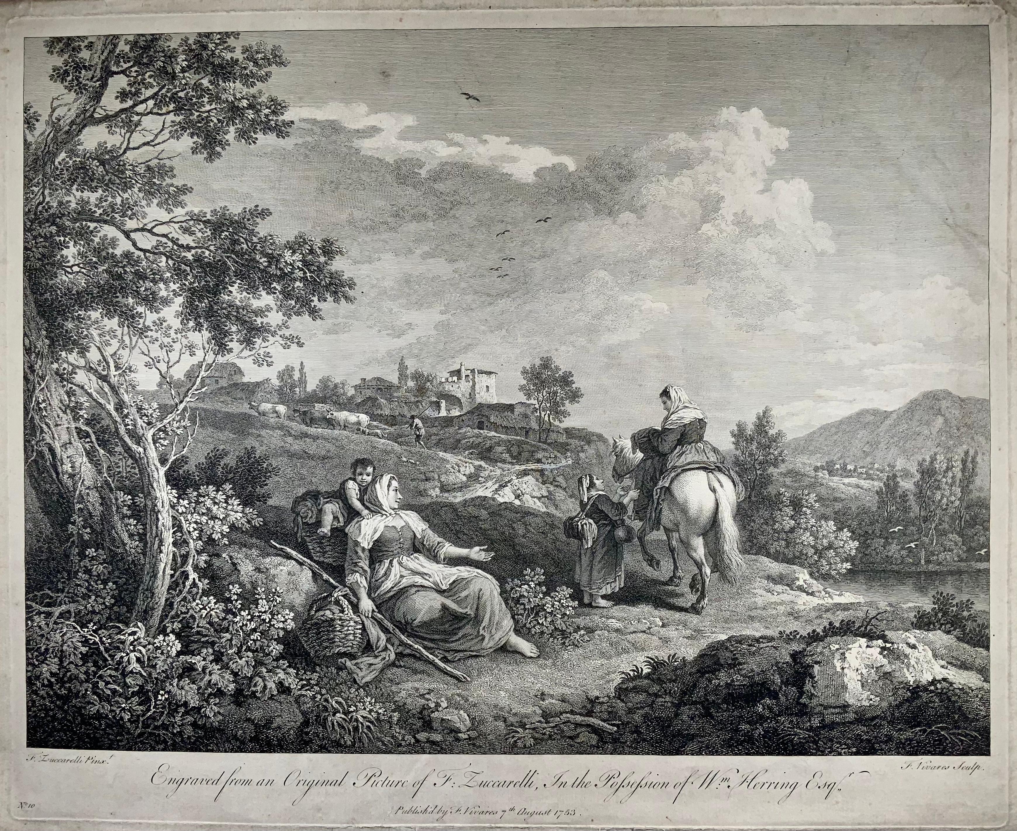 An impressive large format engraving of an Italianate scene after Francesco Zuccarelli RA (1702-1788) engraved by François Vivares (1709-1780).

Very much of the late Baroque or Rococo period this beautiful Italian pastoral scene depicts a peasant