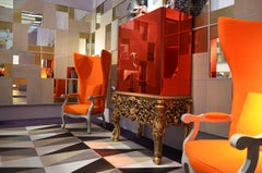 F*1 BUFFET Cabinet with Orange Mirror, Gold Leaf Hand-Carved Legs - Gecko Handle