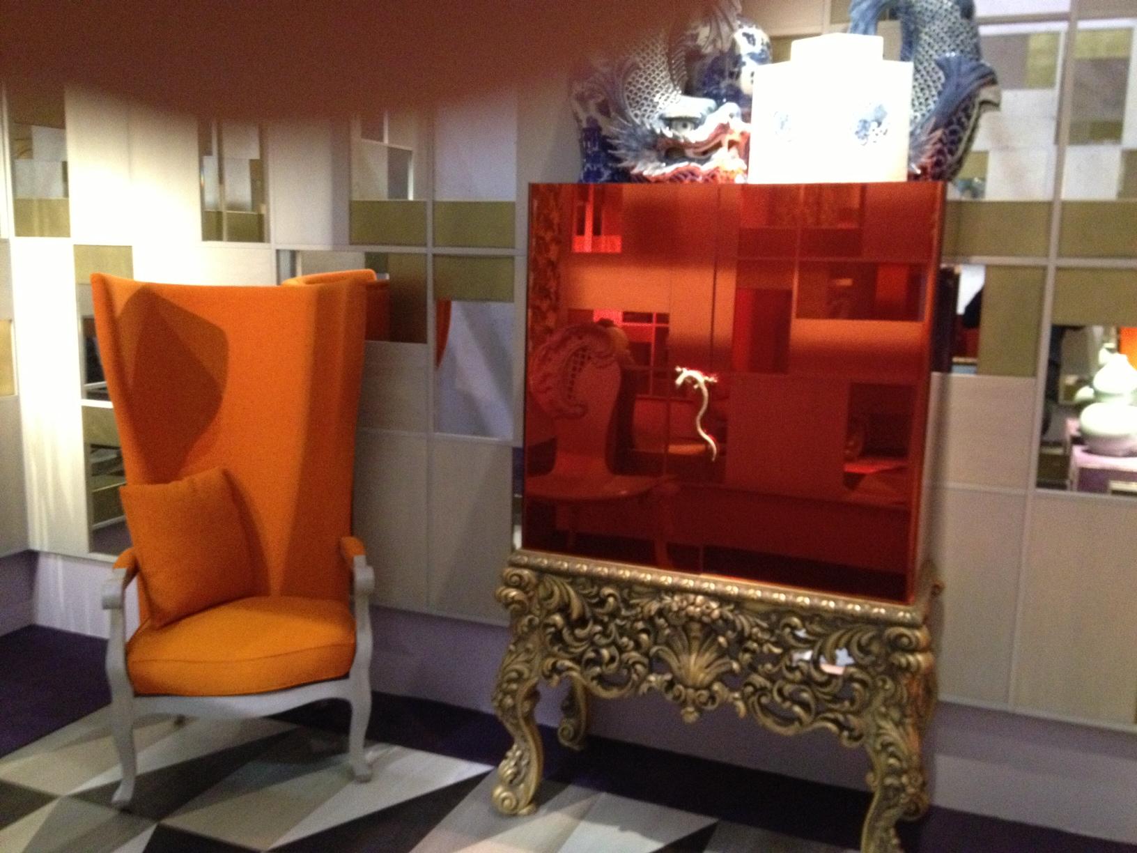 Contemporary F*1 BUFFET Cabinet with Orange Mirror, Gold Leaf Hand-Carved Legs - Gecko Handle For Sale