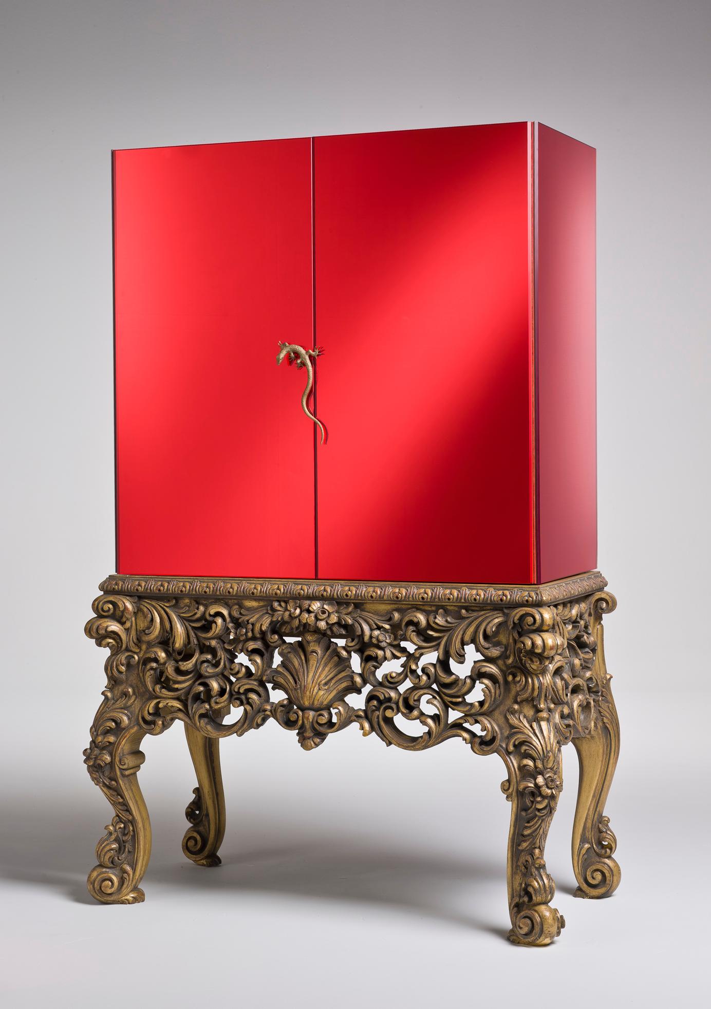 Brass F*1 BUFFET Cabinet with Orange Mirror, Gold Leaf Hand-Carved Legs - Gecko Handle For Sale