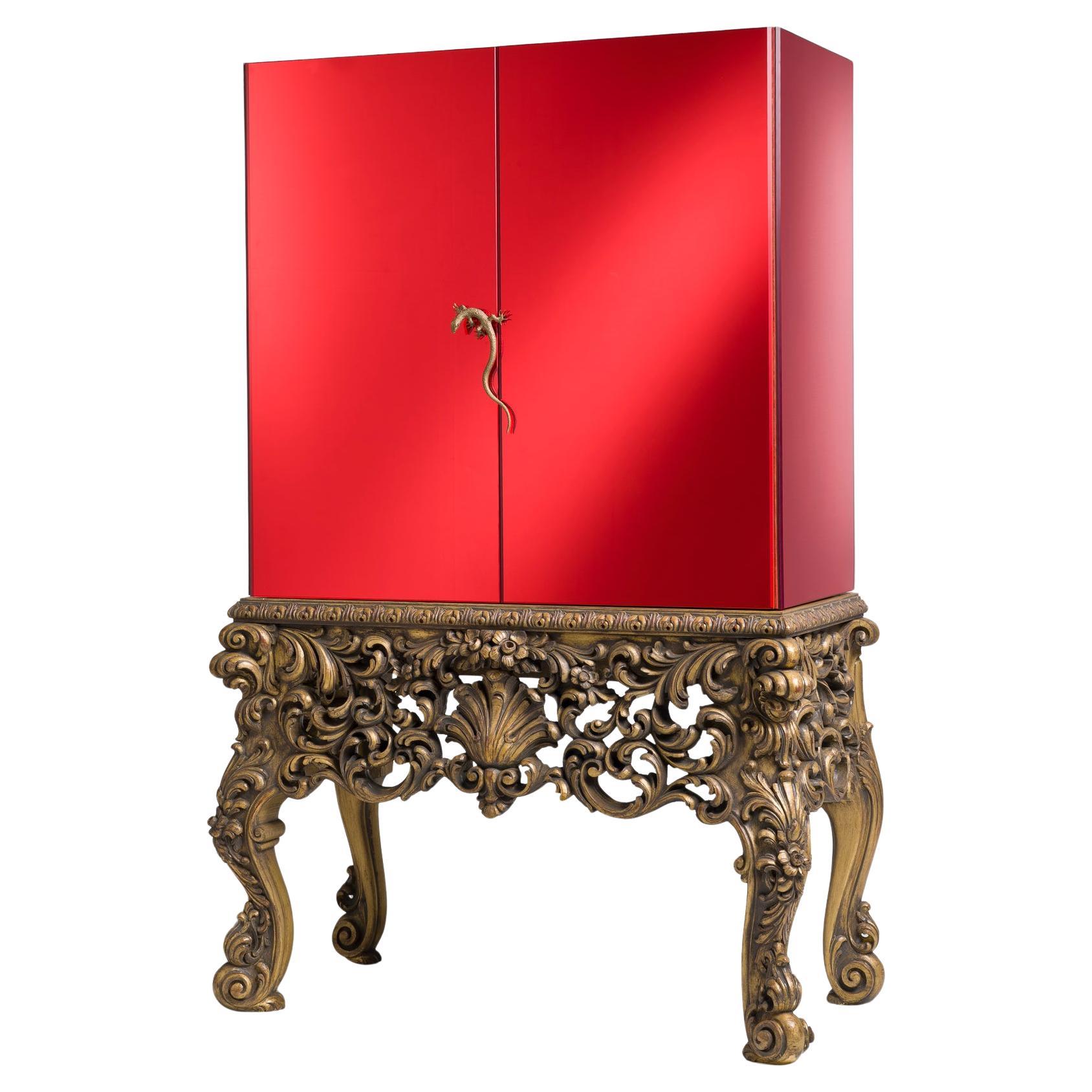 F*1 BUFFET Cabinet with Orange Mirror, Gold Leaf Hand-Carved Legs - Gecko Handle For Sale