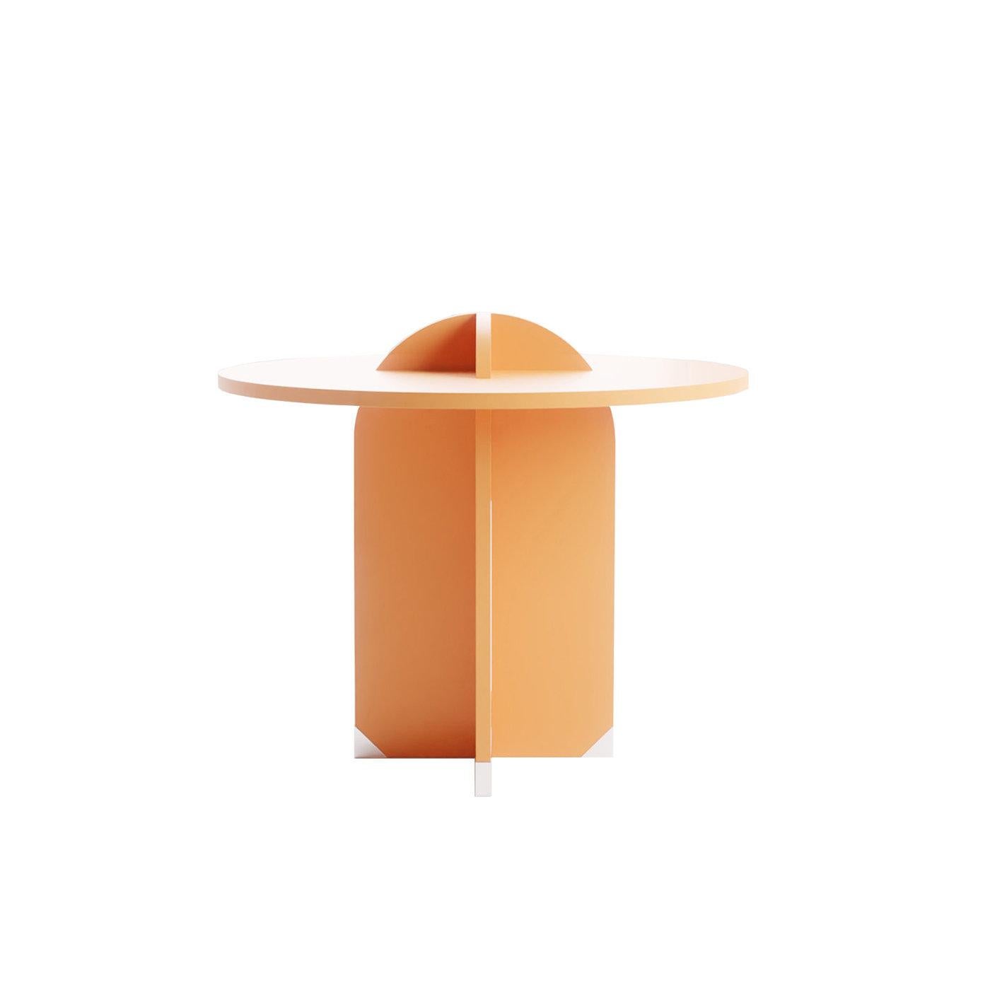 Soft curves and clean lines define the sculptural aesthetic of this coffee table, playfully inspired by round head nails. Its smooth wooden structure lacquered in a soft shade of orange is composed of two supporting, intersecting panels piercing the