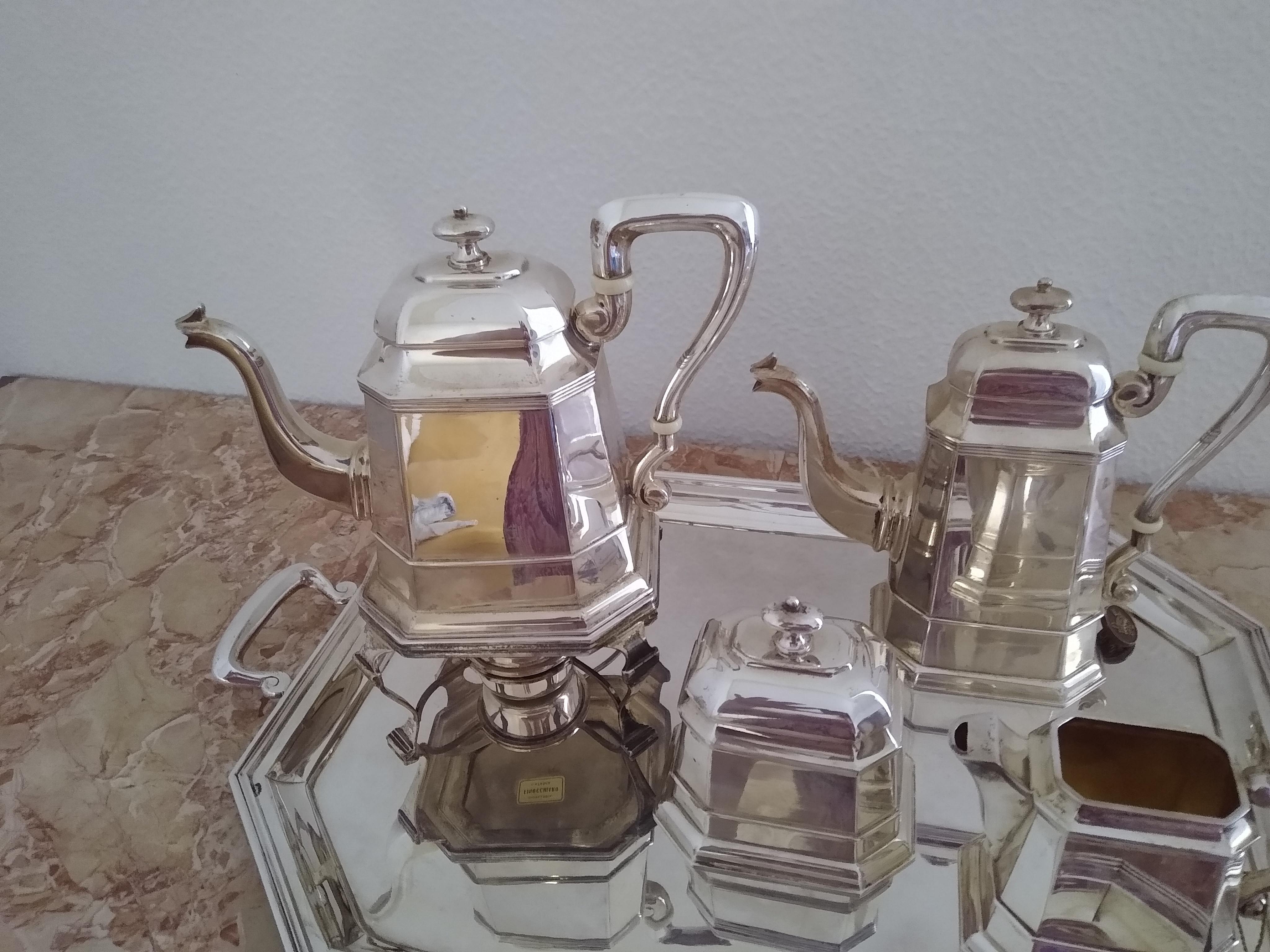 Cesa 1882 Art Deco Sterling Silver Coffee & Tea Set on Tray For Sale 6