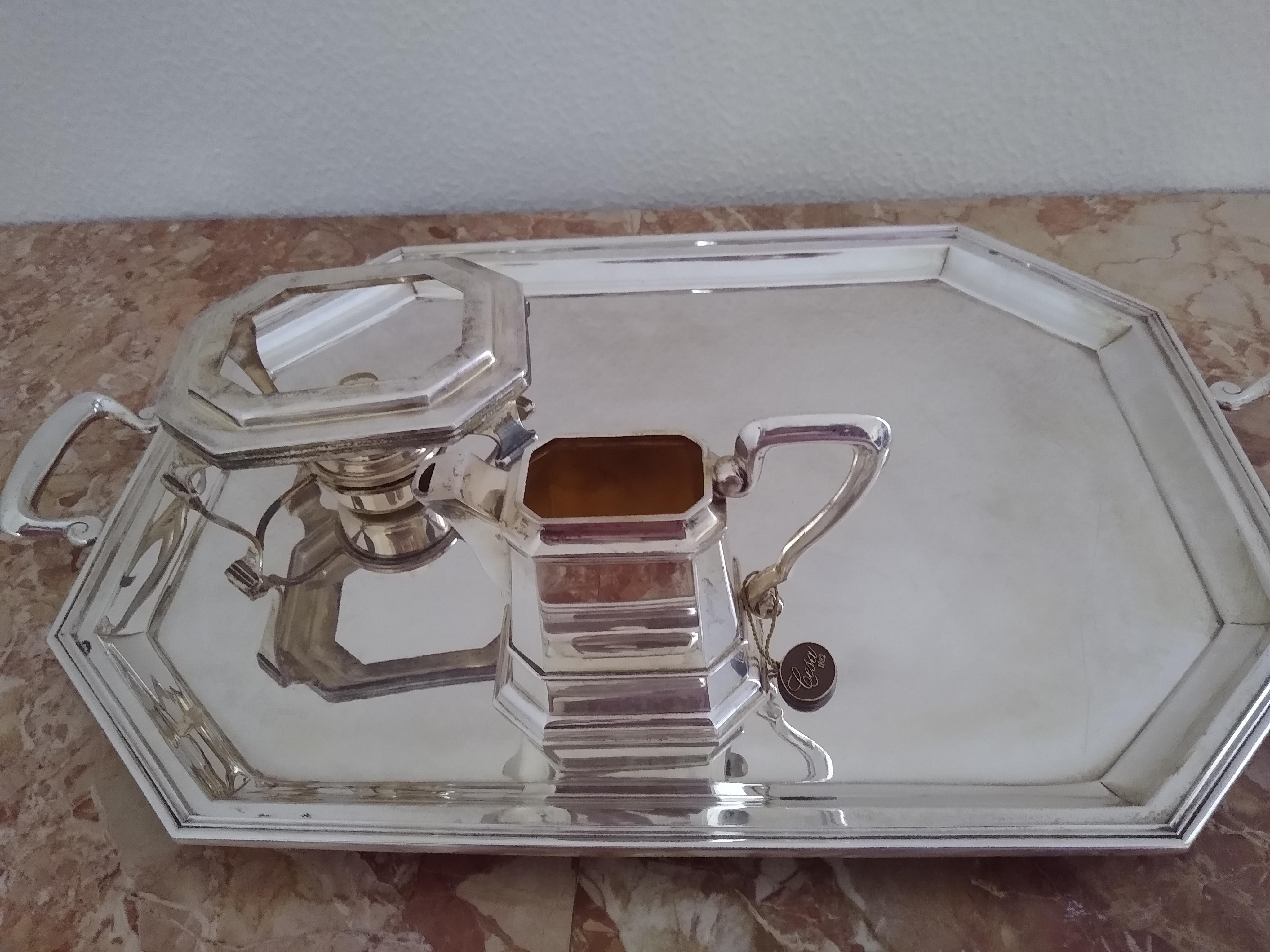 Cesa 1882 Art Deco Sterling Silver Coffee & Tea Set on Tray For Sale 7