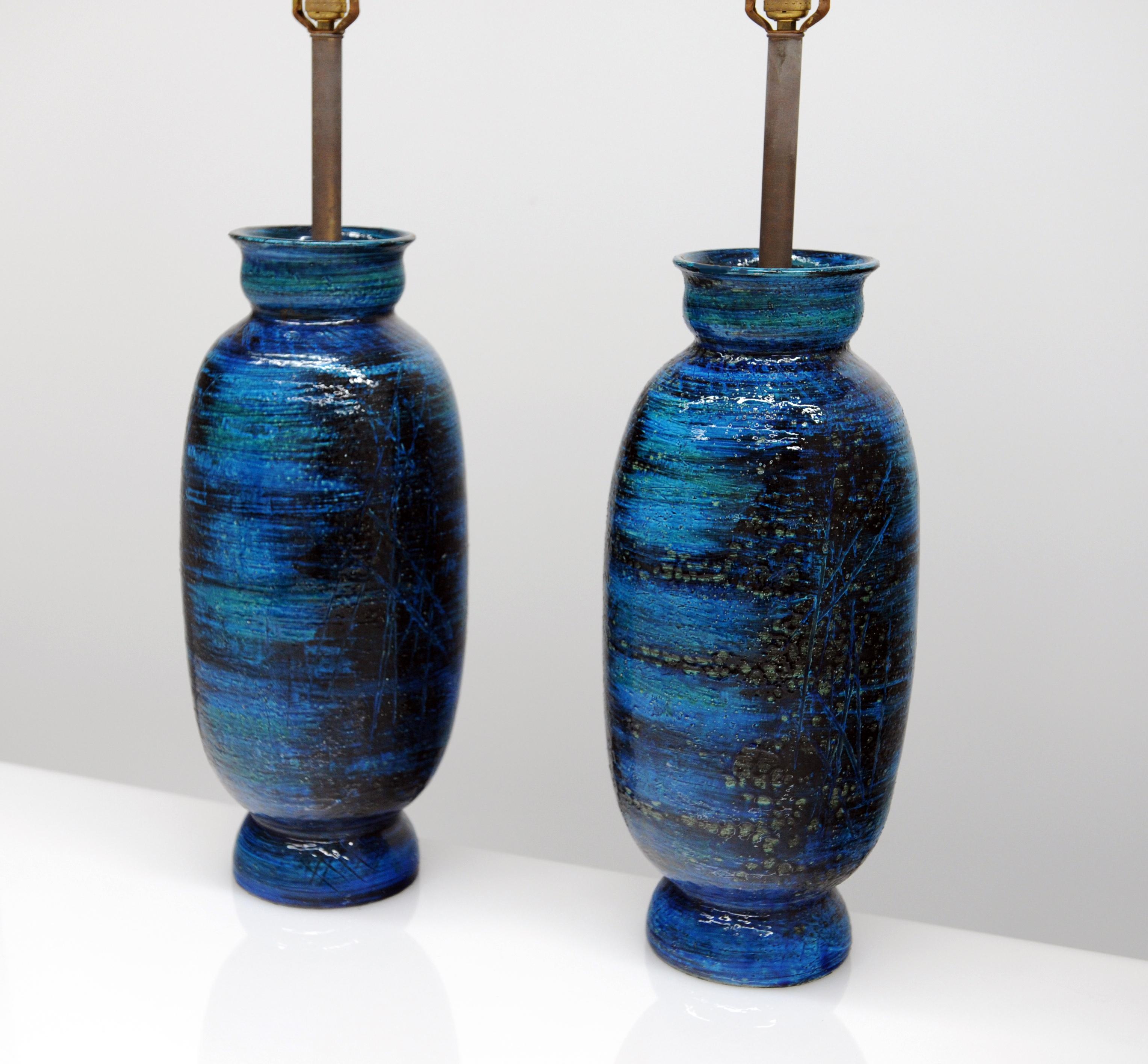 Mid-Century Modern Large Ceramic Pair Rimini Blue Table Lamps by Aldo Londi for Bitossi, Italy