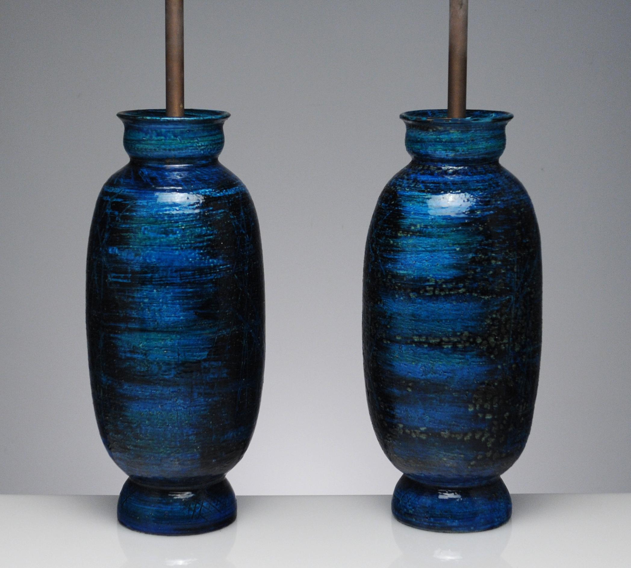 Italian Large Ceramic Pair Rimini Blue Table Lamps by Aldo Londi for Bitossi, Italy